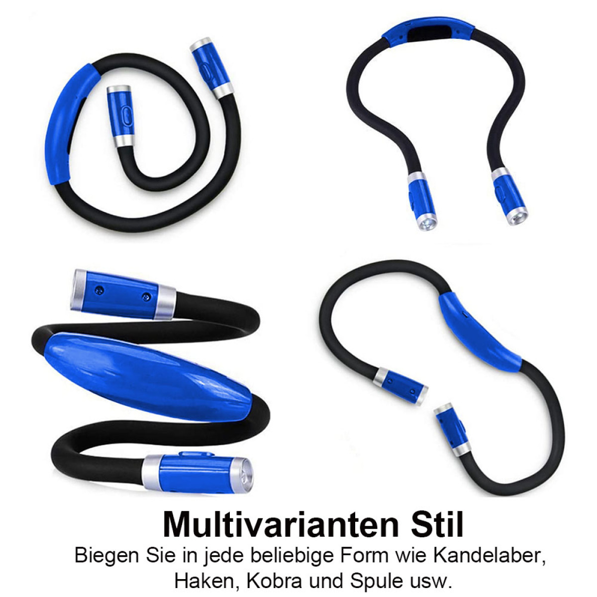 Vier flexible Nackenleuchten in verschiedenen Anordnungen, blaue Akzente.