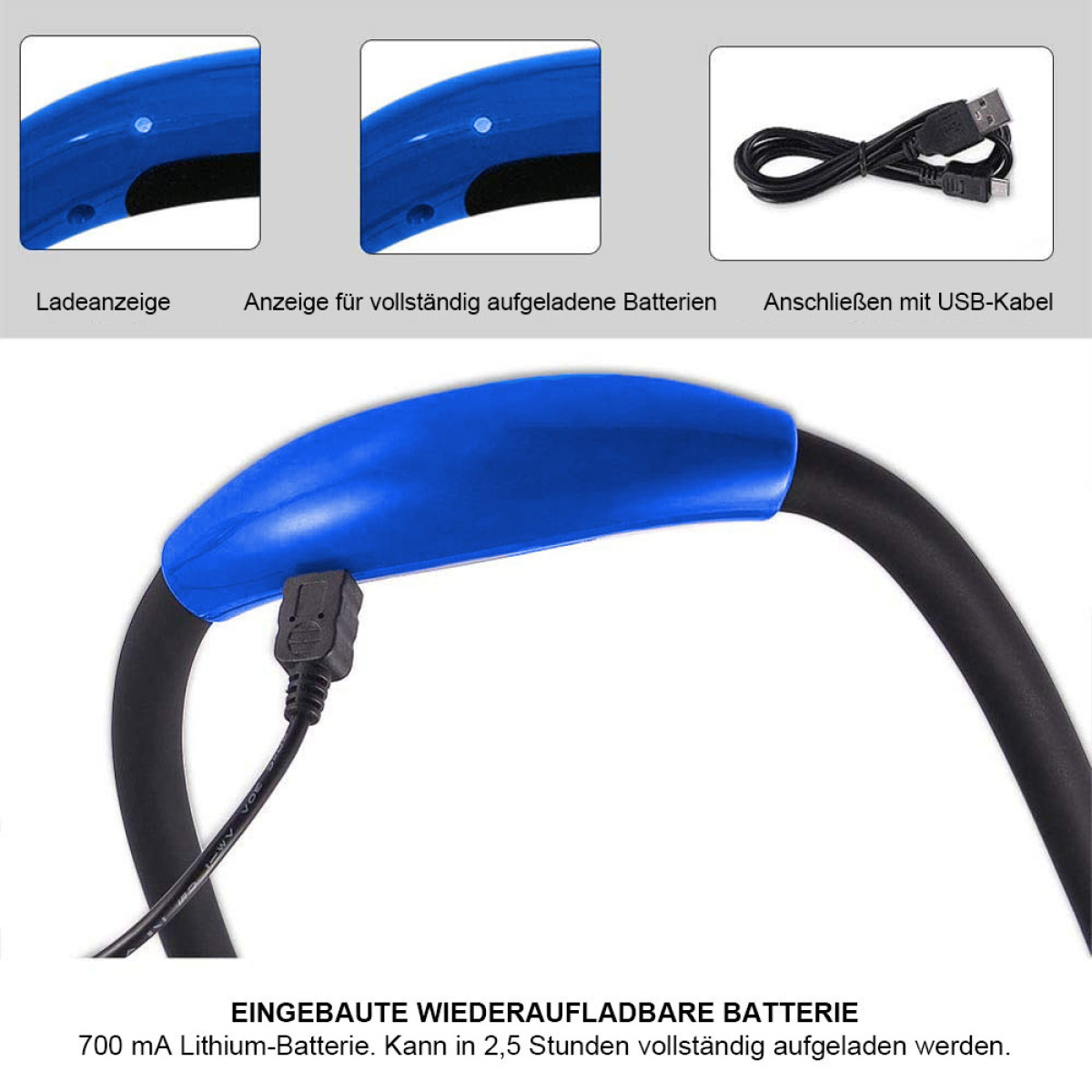Blaues Nackenlicht mit USB-Ladekabel und Text: Wiederaufladbarer Akku.