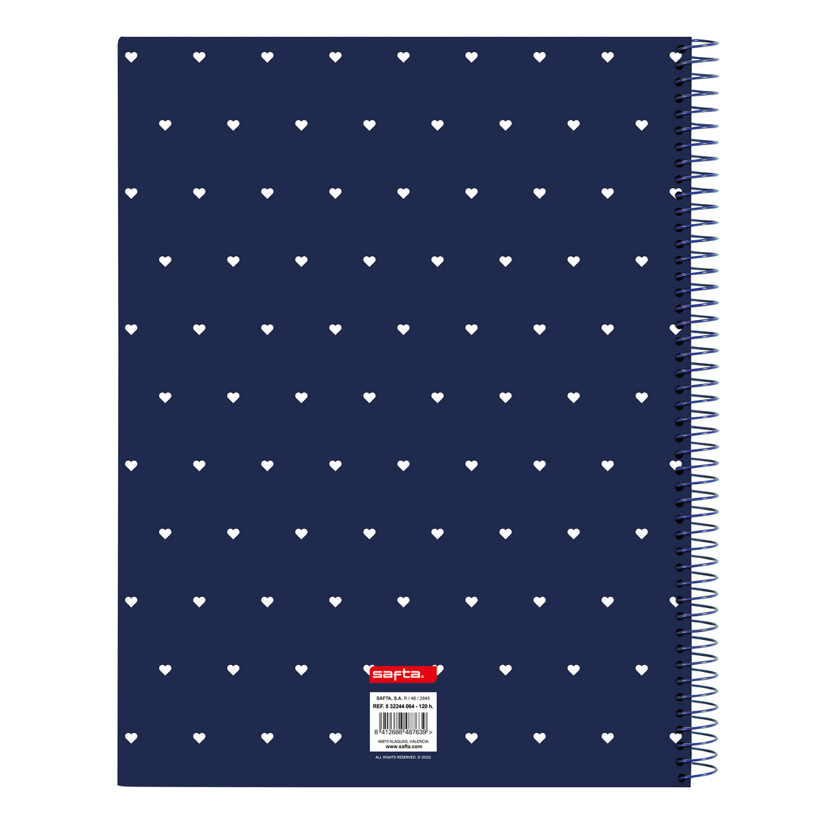 Notizbuch mit marineblauem Umschlag, gefüllt mit kleinen weißen Herzen, Spiralbindung links.