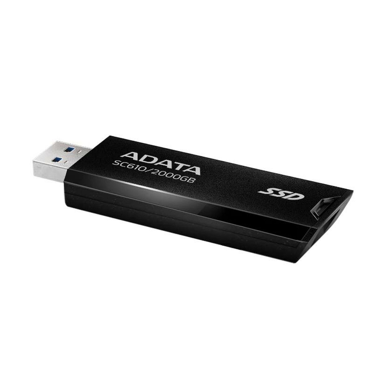 Czarny pendrive ADATA z etykietą SSD, białe tło.
