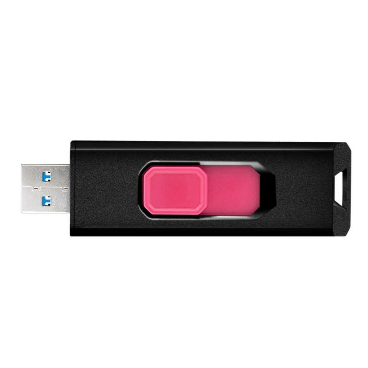 Czarny pendrive USB z różowym suwakiem i złączem USB.