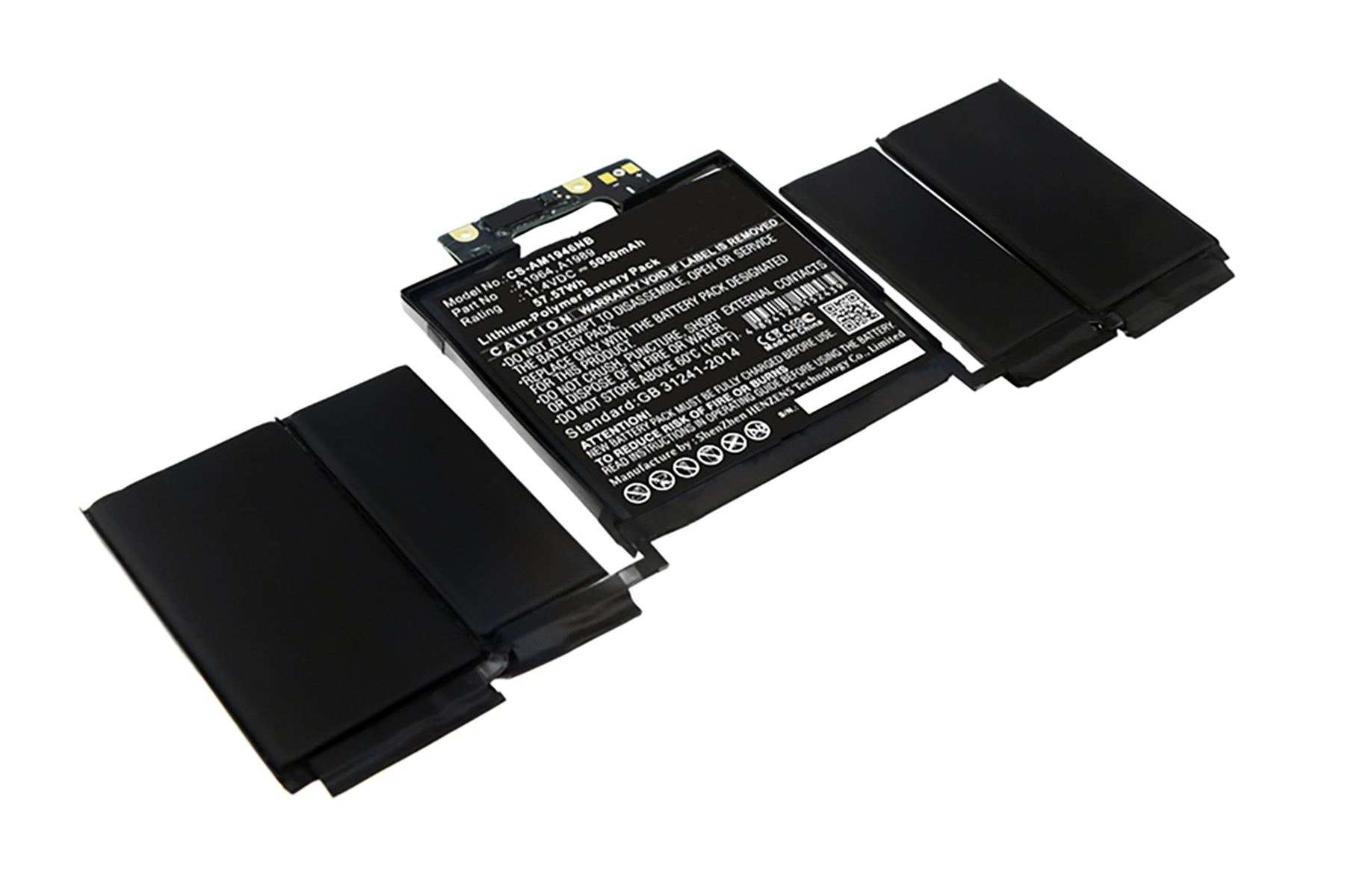 Pacco batteria per laptop, con celle nere e una scheda circuitale. Sfondo bianco.