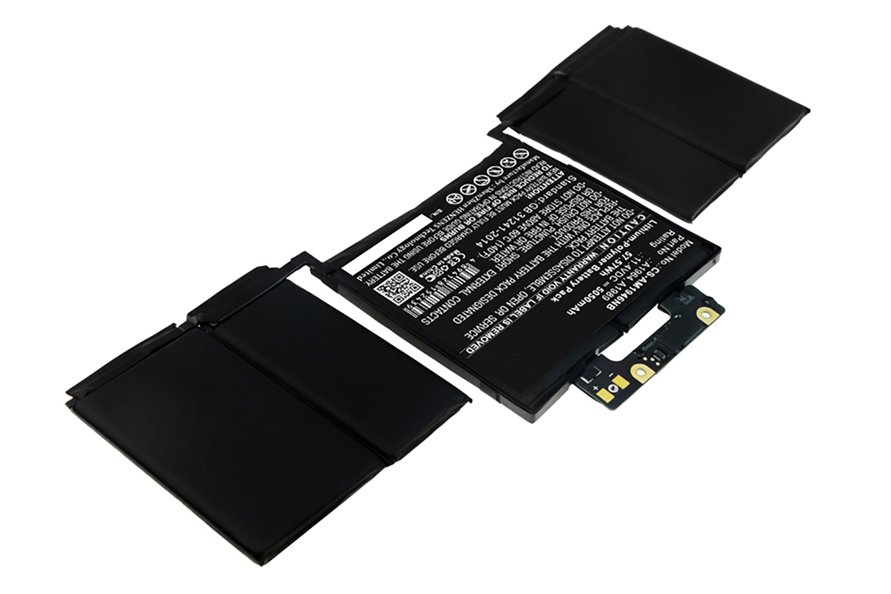 Componenti batteria laptop, smontati, con etichette, su bianco.