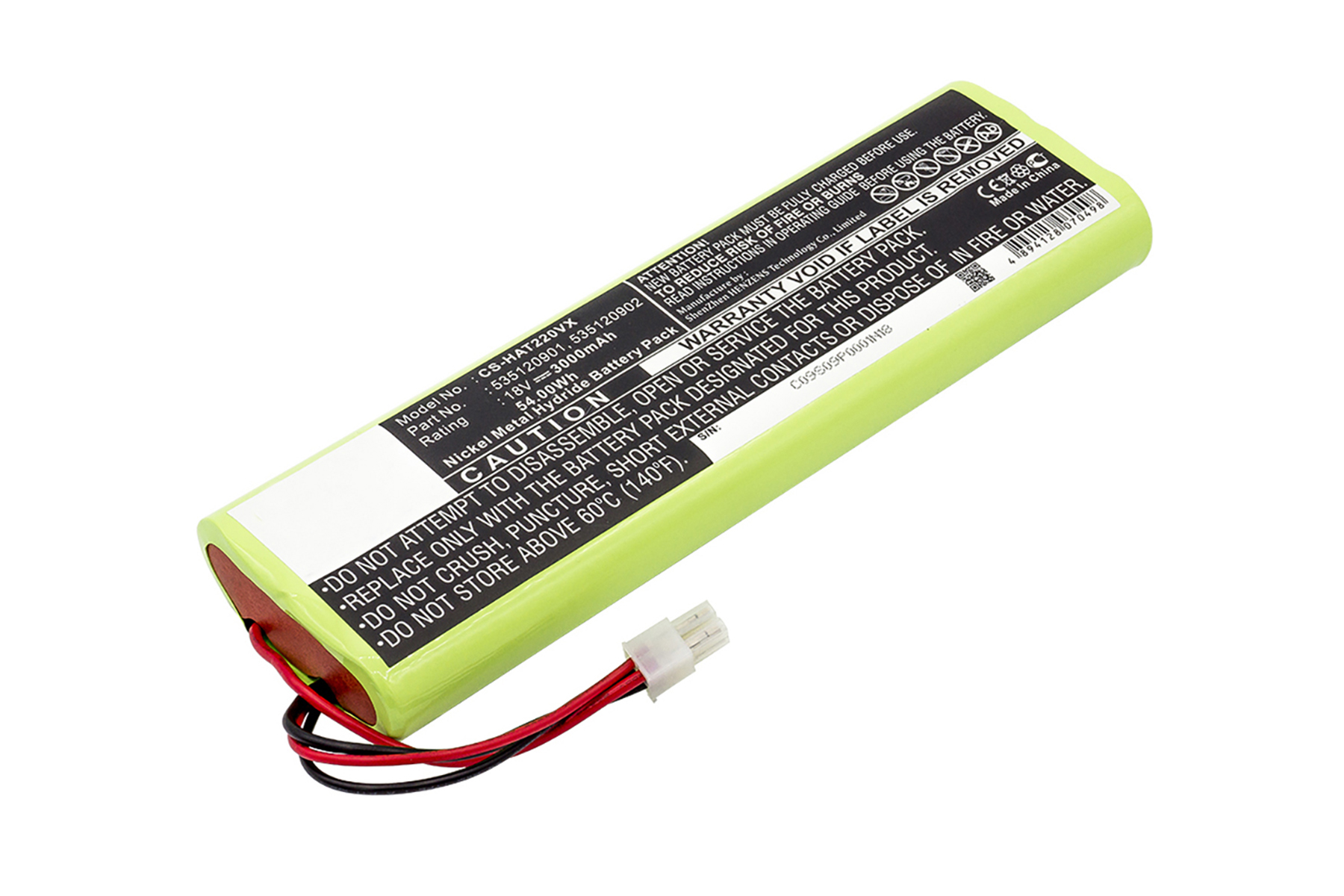 Un pacco batteria verde per un dispositivo con connettore bianco ed etichette di avvertenza.