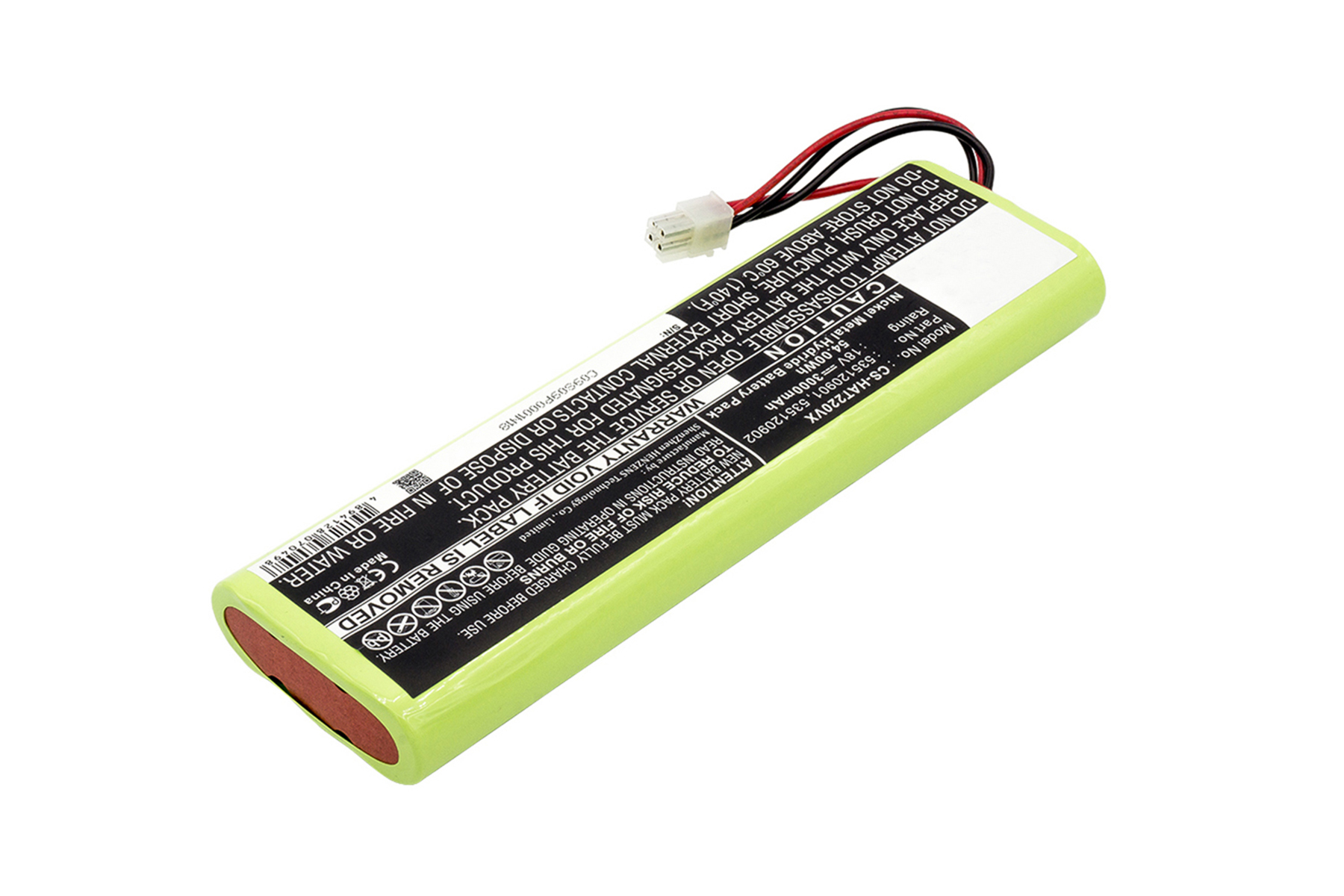 Un pacco batteria rettangolare verde con etichette. La batteria ha fili rossi e neri che escono da un'estremità.