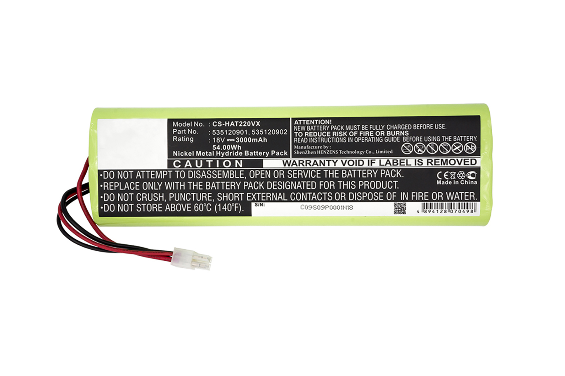 Batteria verde con testo e fili su sfondo bianco.