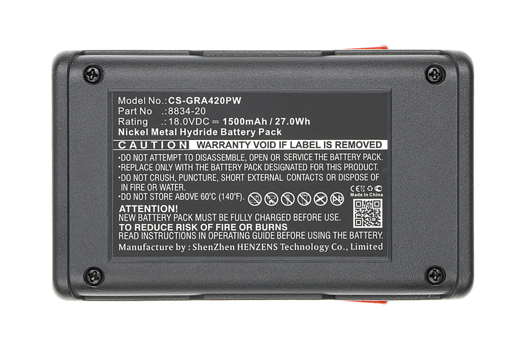 Pacco batteria rettangolare nero, con un'etichetta. Ha quattro viti ed è su sfondo bianco.