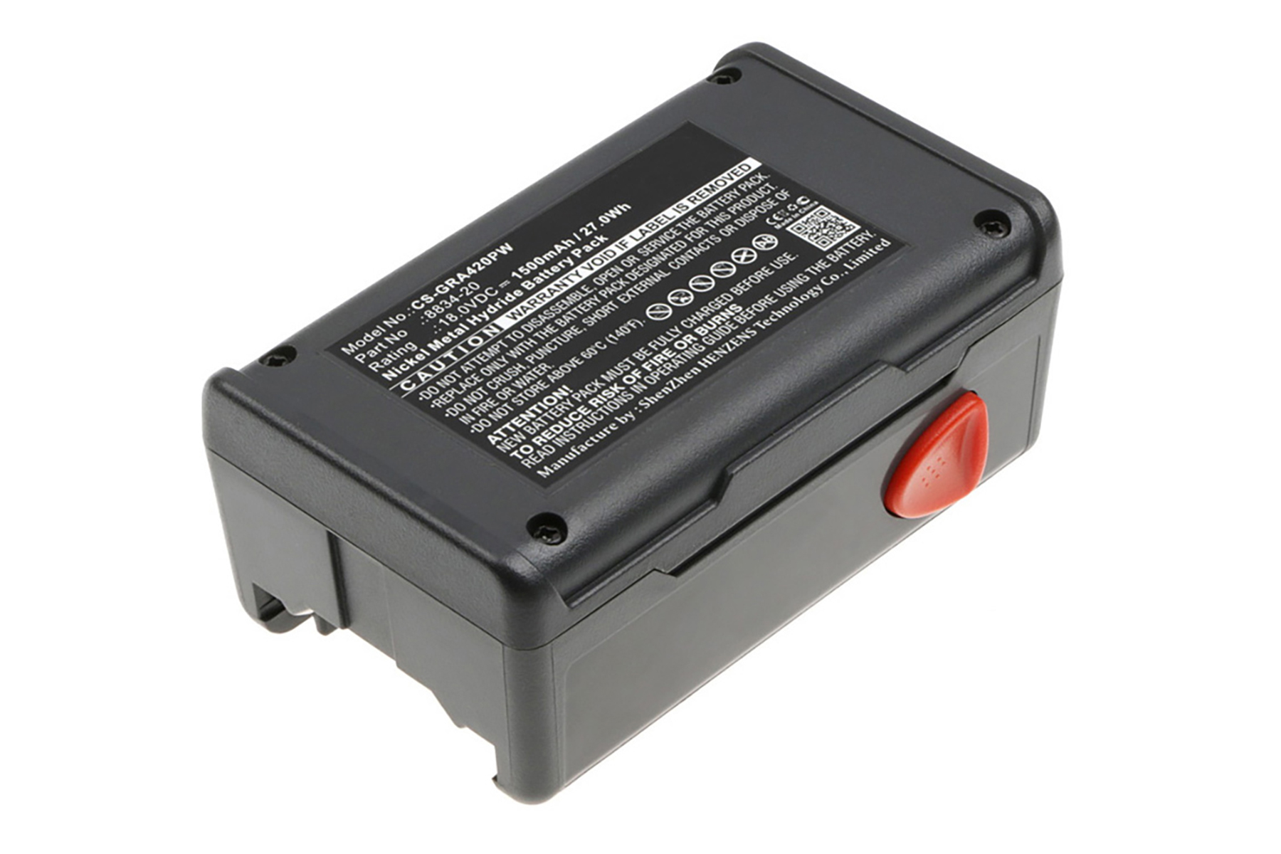 Pacco batteria nero con pulsante rosso ed etichette di testo.