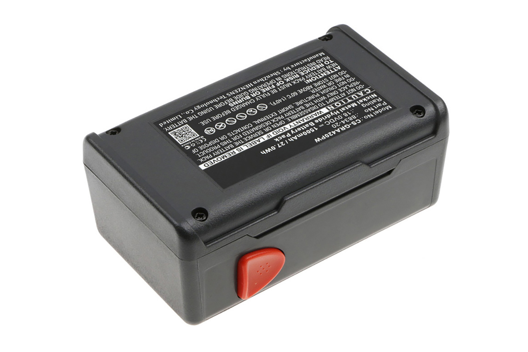 Pacco batteria rettangolare nero con pulsante rosso ed etichetta. Su sfondo bianco.