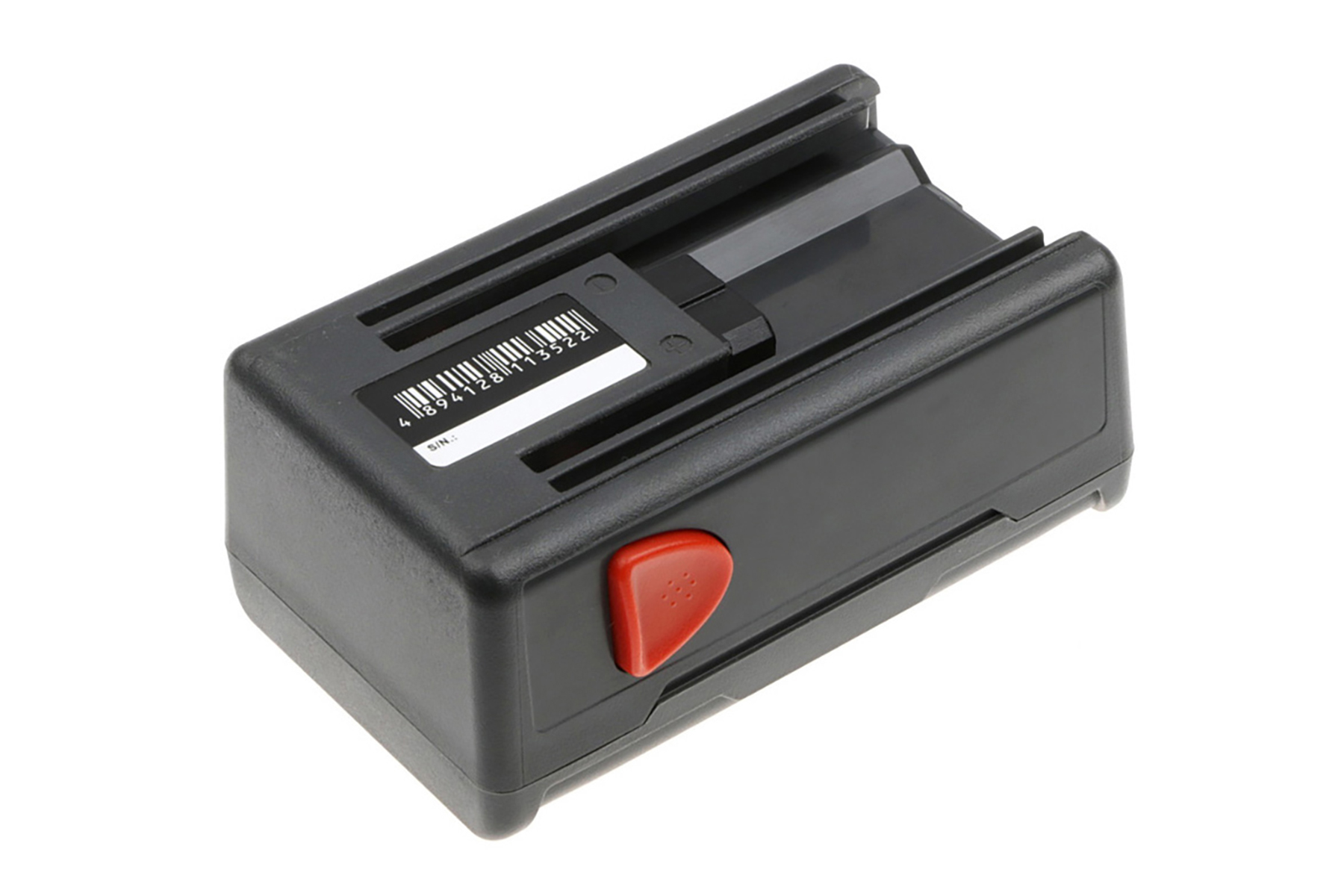 Batteria nera con pulsante rosso e codice a barre. La batteria è in un involucro di plastica nera.