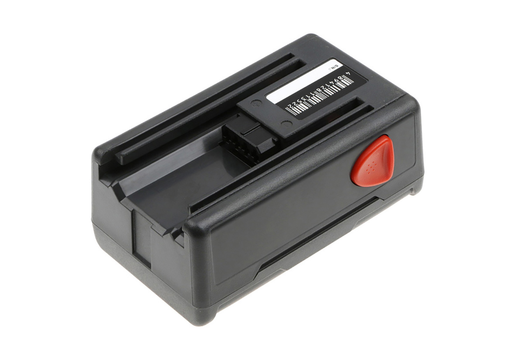 Un pacco batteria nero con un pulsante rosso e un codice a barre sulla parte superiore, isolato su bianco.