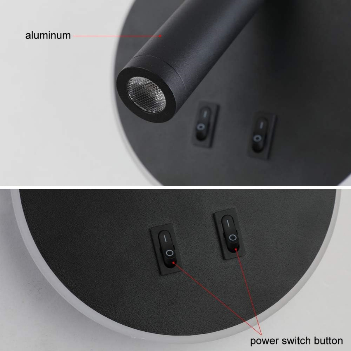 Eine schwarze Lampe mit zwei Netzschaltern. Beschriftet mit Aluminium. Die Lampe hat einen runden Sockel.
