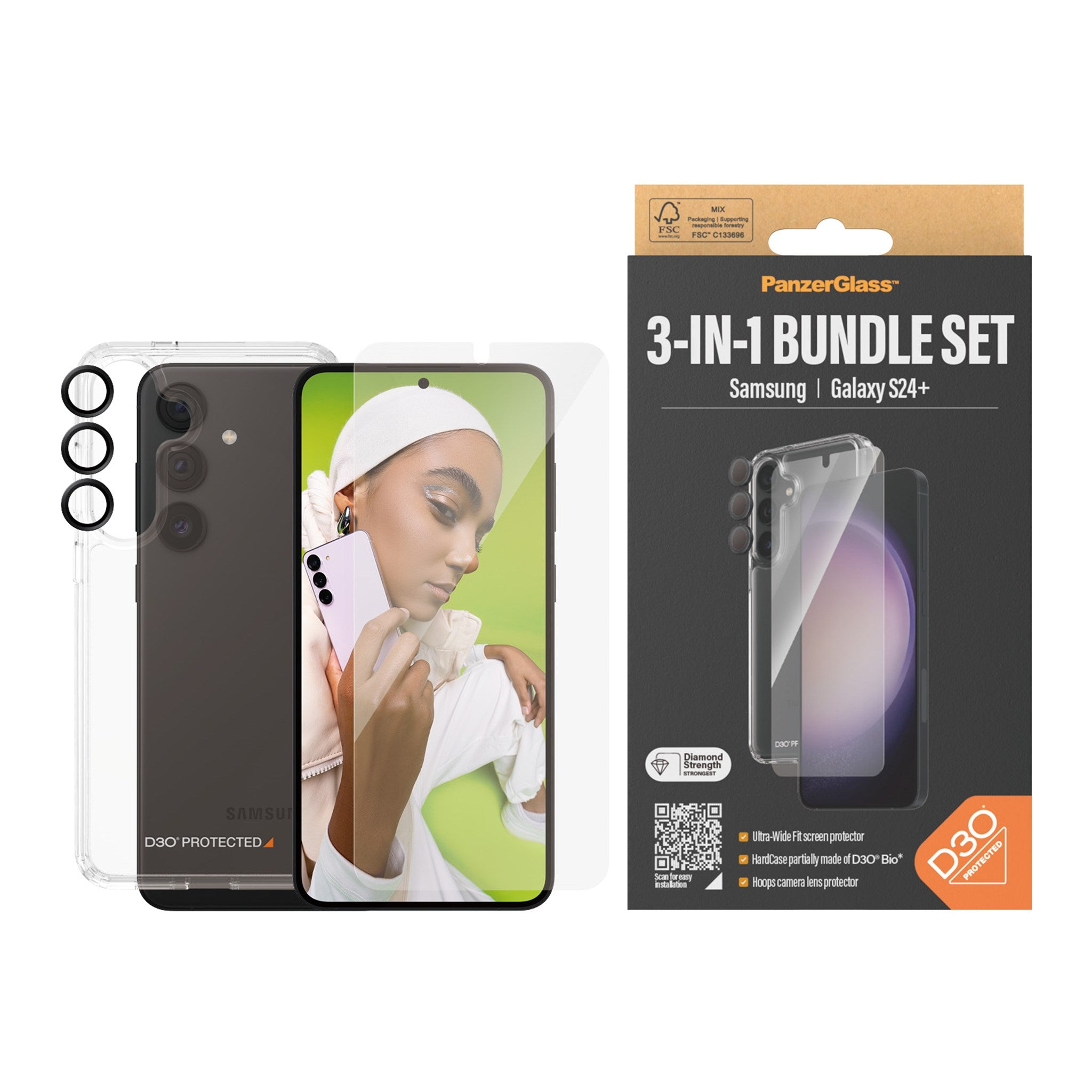 Teléfono con funda y protector de pantalla, mujer en pantalla, caja al lado.