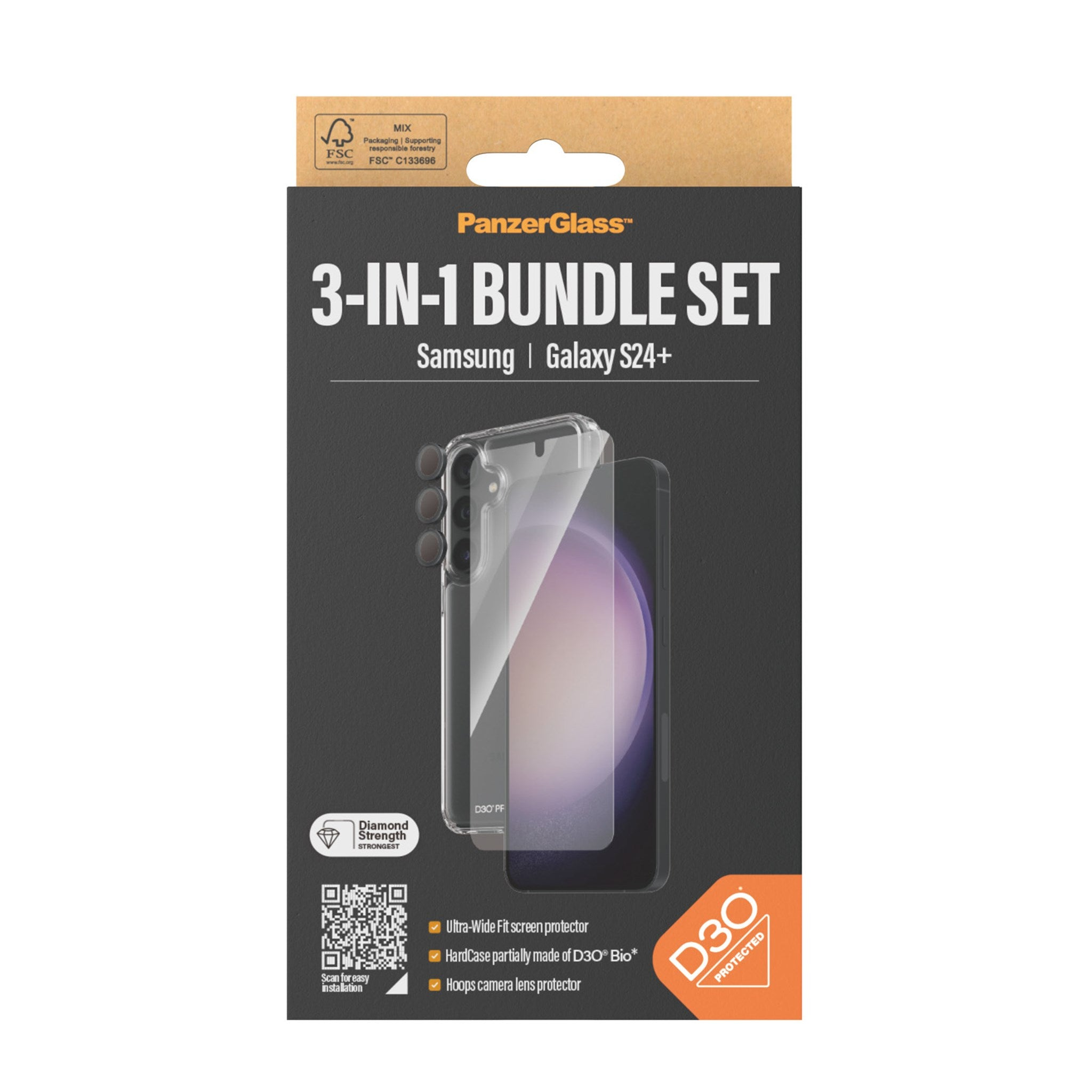 Una funda de teléfono y protector de pantalla, en una caja. La caja tiene información del producto.