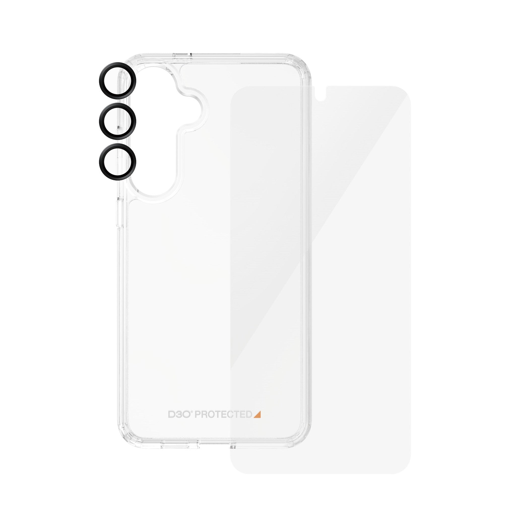 Una funda transparente y protector de pantalla, aislados, sobre fondo blanco.