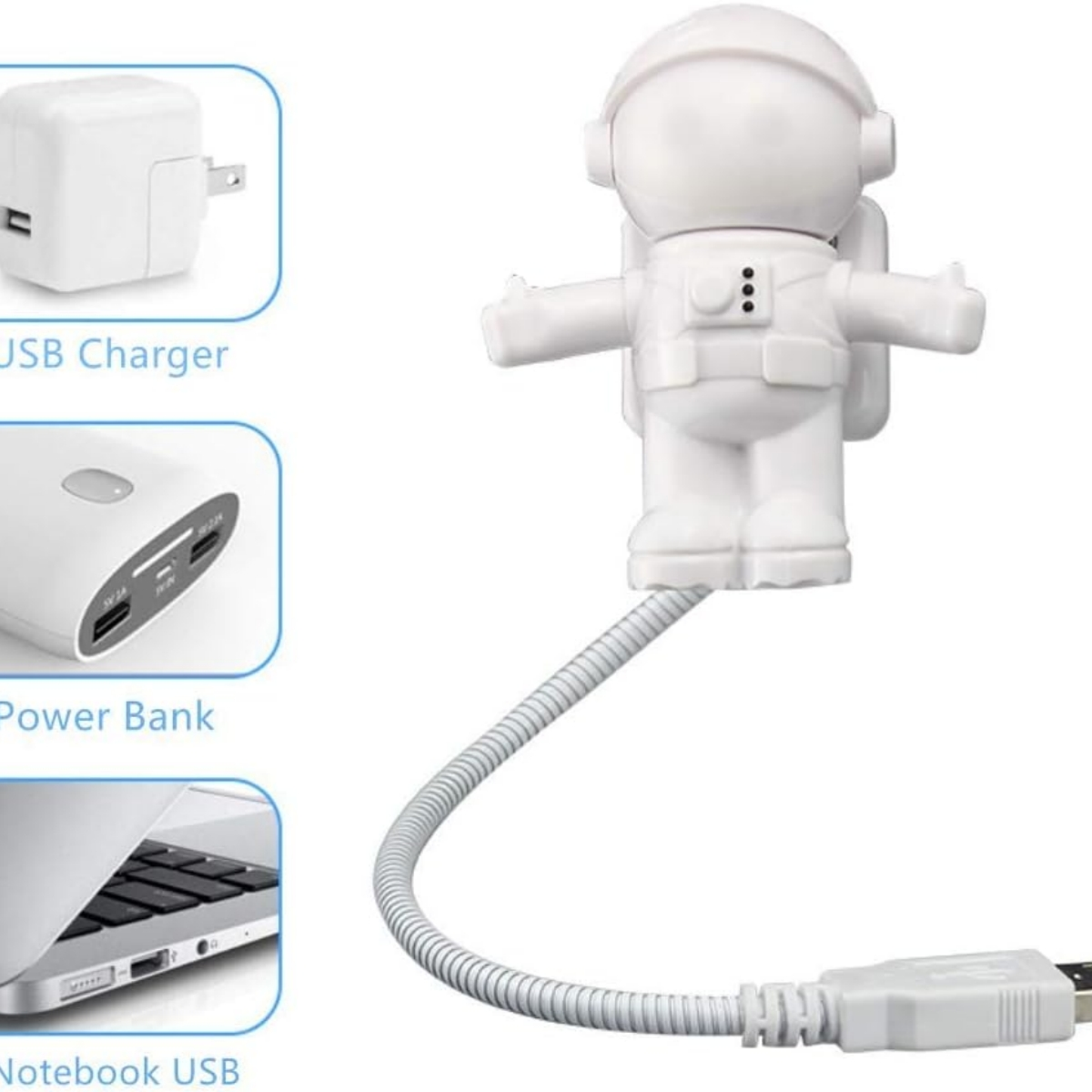 Weißer USB-Ladegerät in Astronautenform mit USB-Kabel, Powerbank und Laptop.