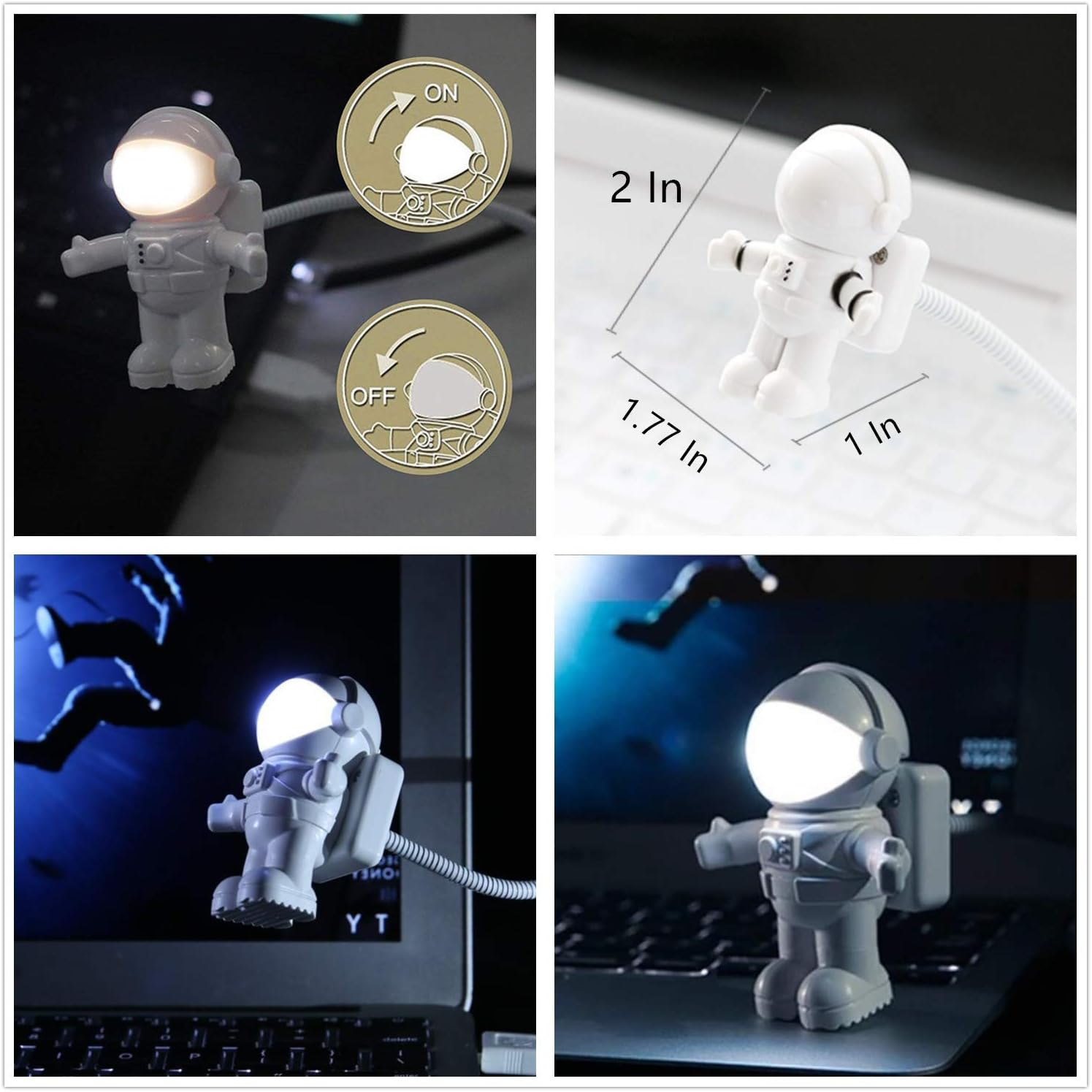 Eine astronautenförmige LED-Lampe in verschiedenen Einstellungen: ein und aus, auf einem Laptop und eine Nahaufnahme.