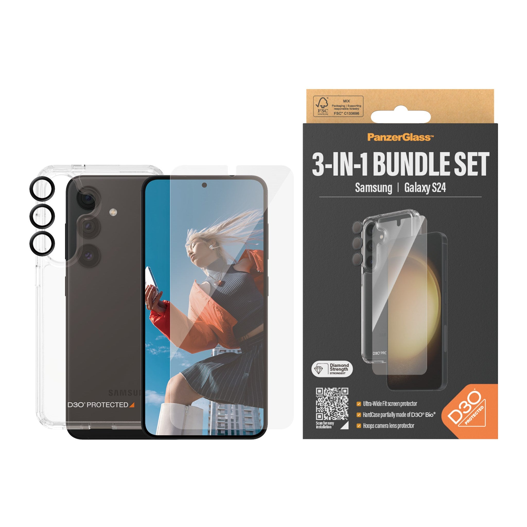 Teléfono con funda y protector, mujer en pantalla, caja al lado.