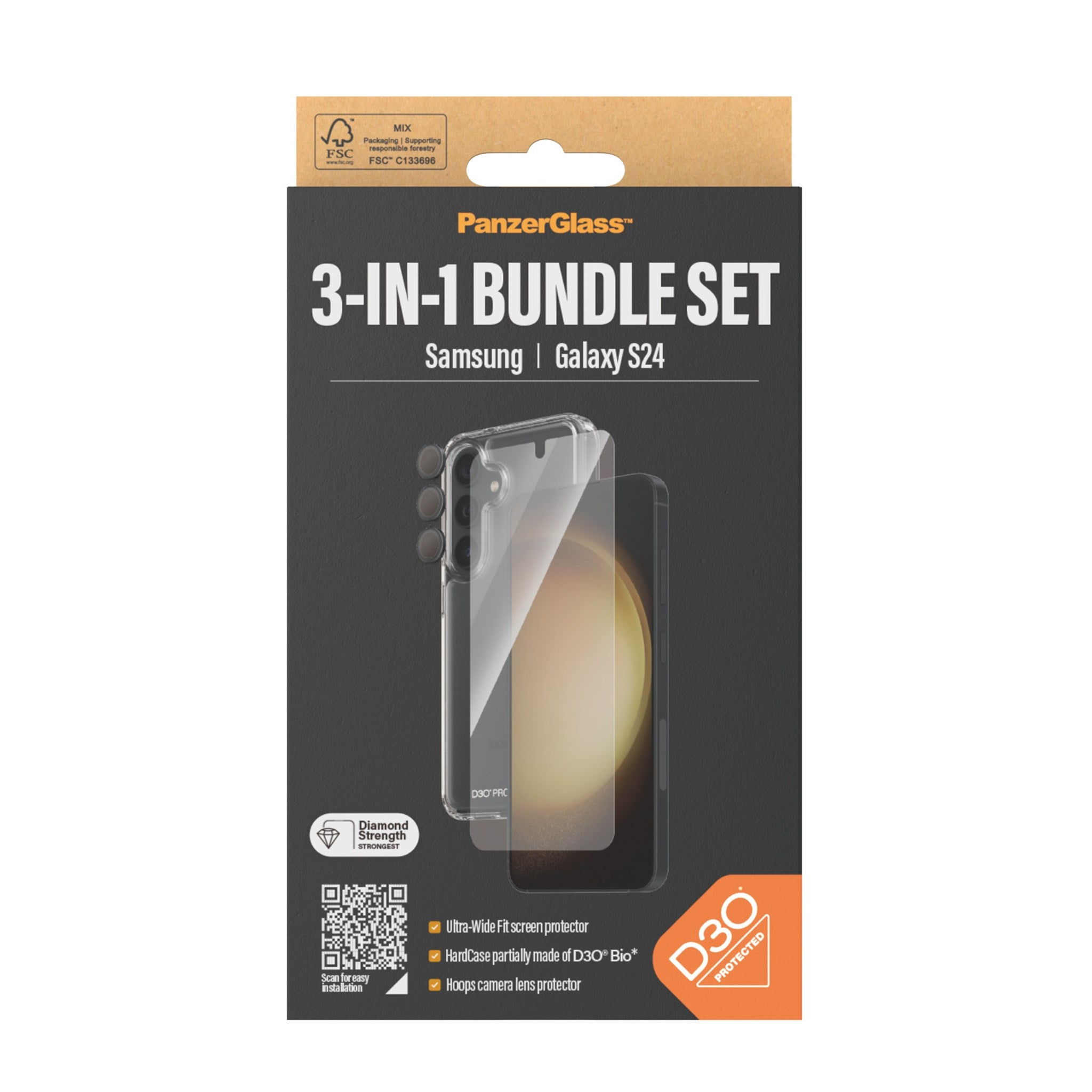 Una funda de teléfono y protector de pantalla en una caja, con la información del producto.