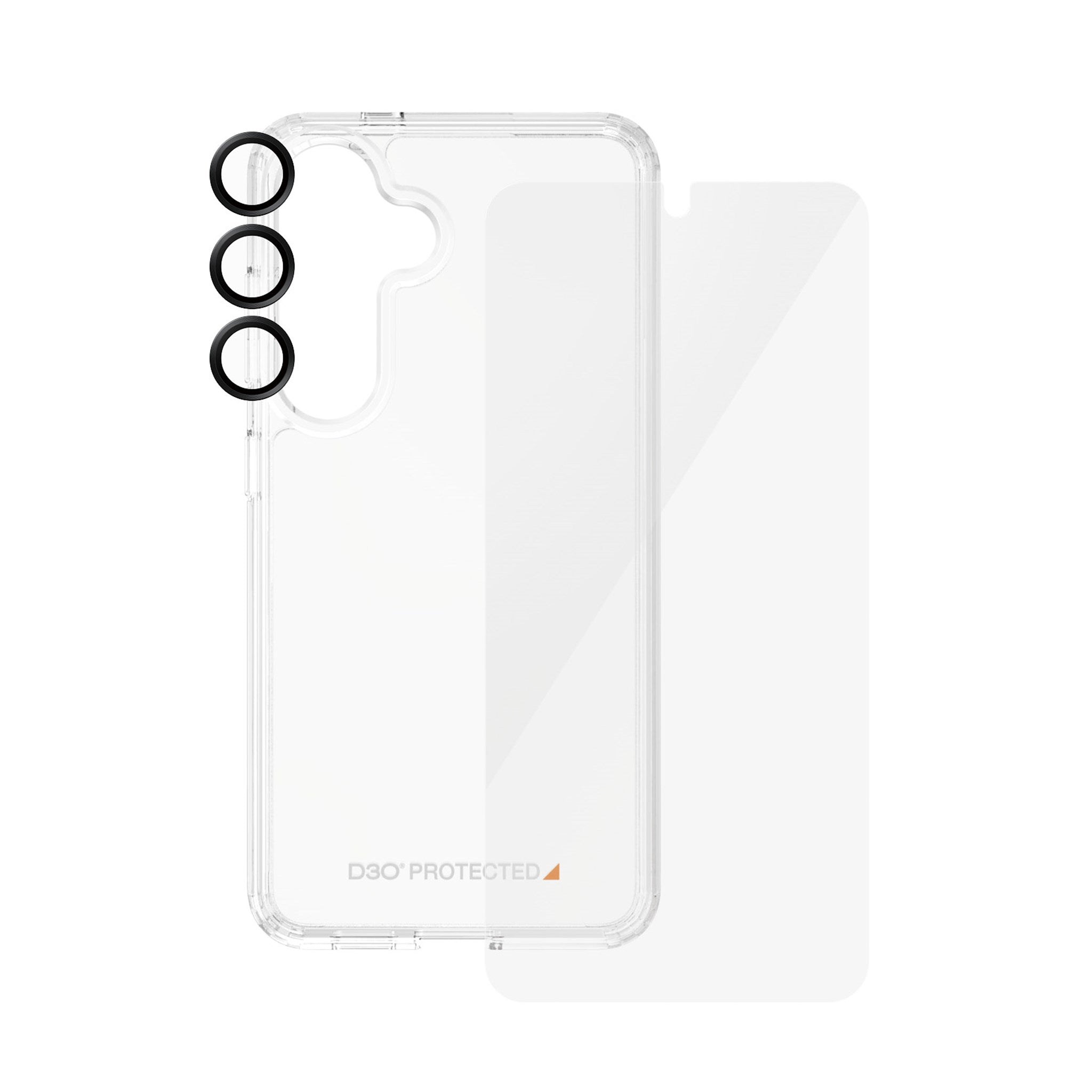 Una funda transparente y protector de pantalla, aislados sobre fondo blanco.