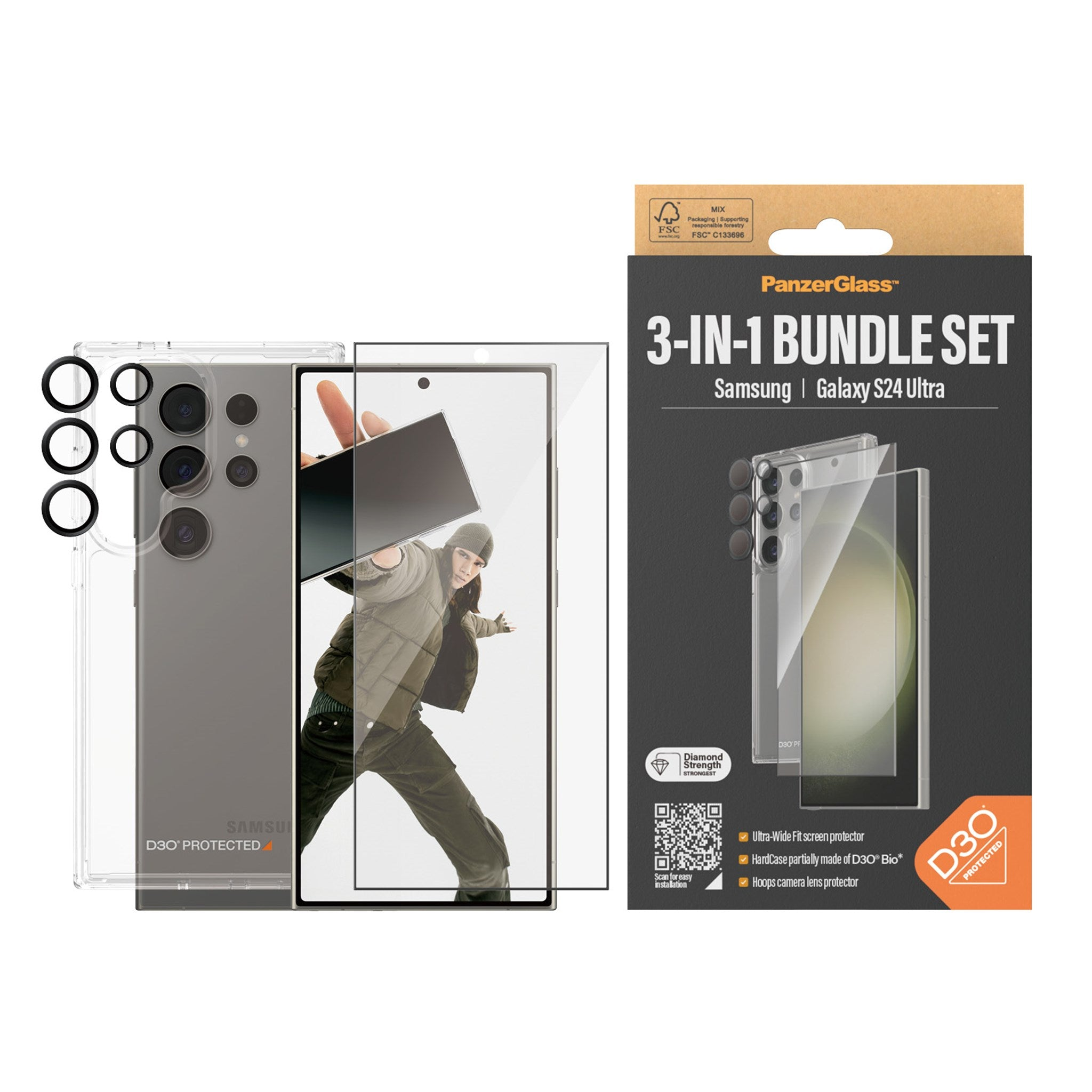 Teléfono con funda y protector, hombre en pantalla, caja al lado.