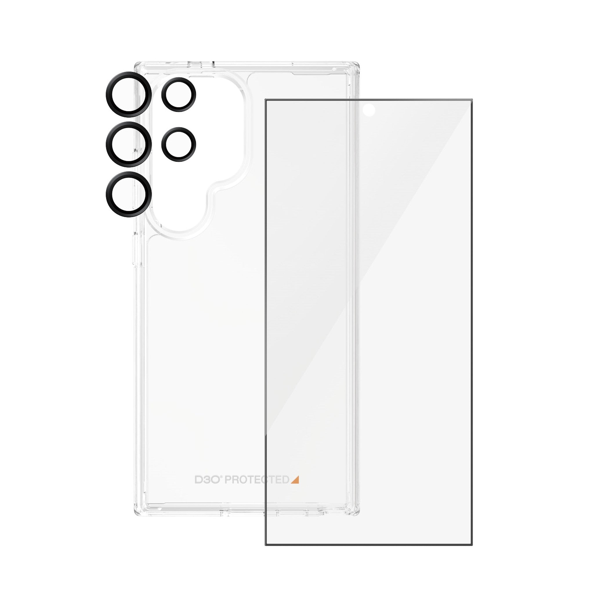 Una funda transparente y protector de pantalla sobre fondo blanco.