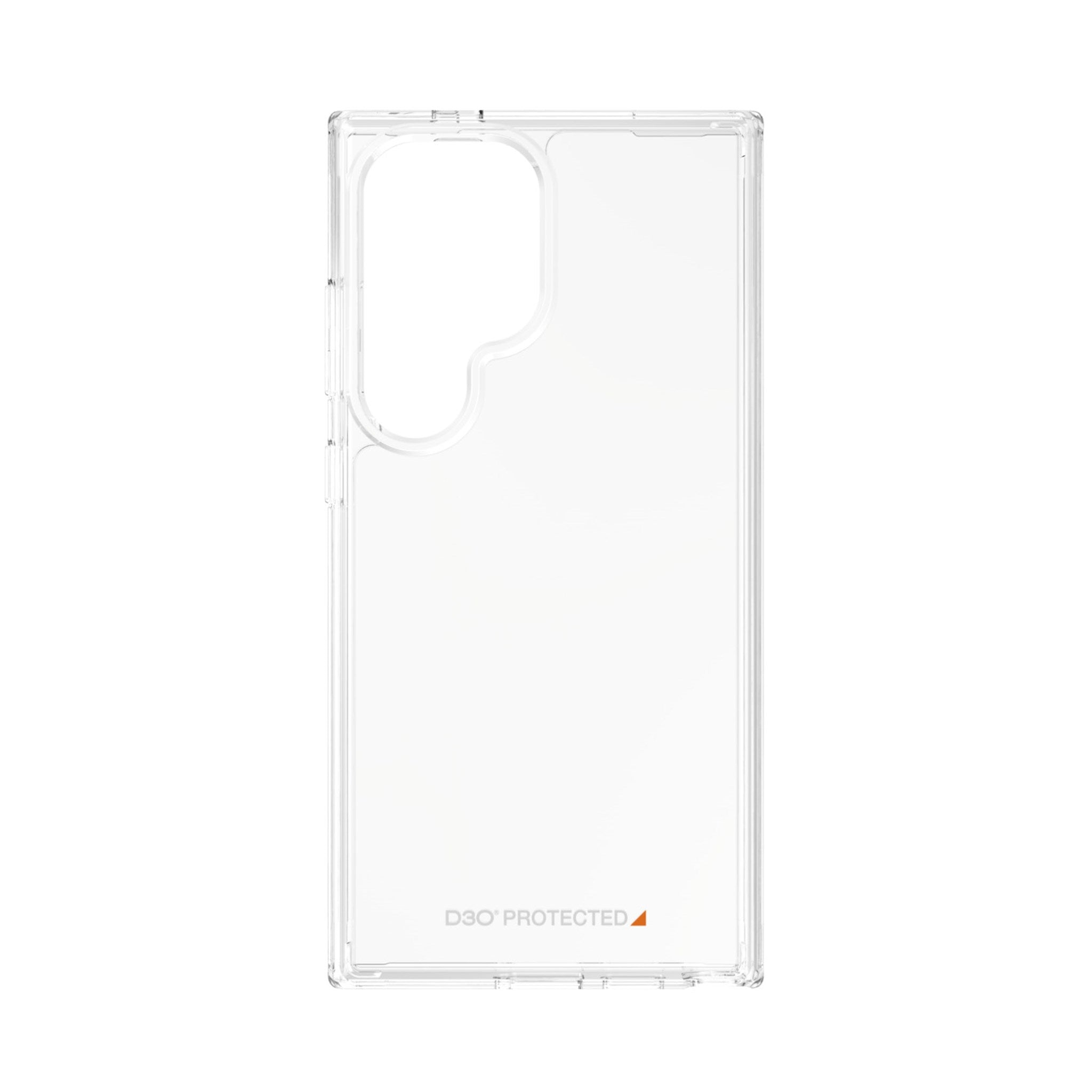 Transparente Handyhülle. Rechteckige Form mit Kameraausschnitten. D3O PROTECTED Logo unten rechts.