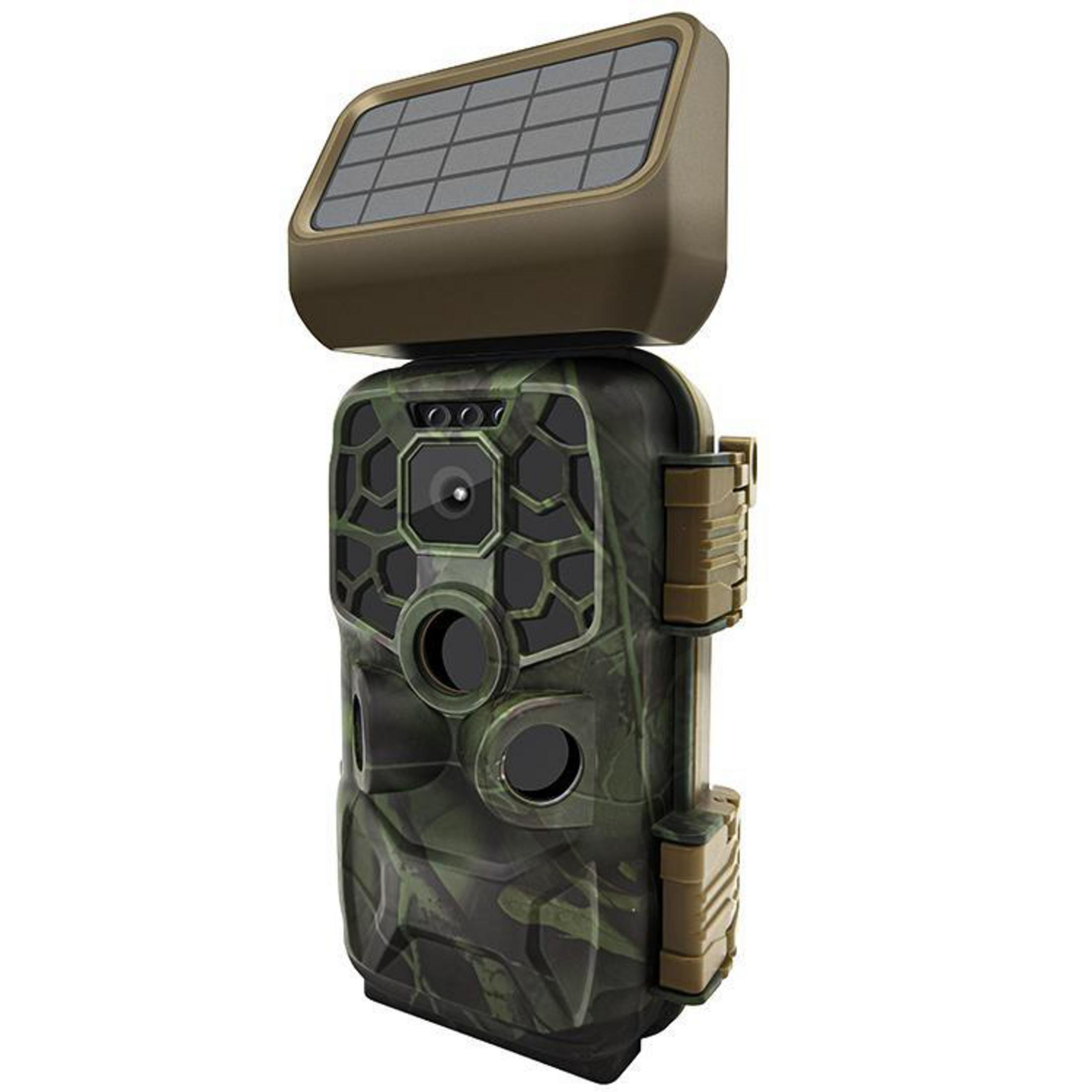 Tarnfarbene Wildkamera mit Solarpanel oben.