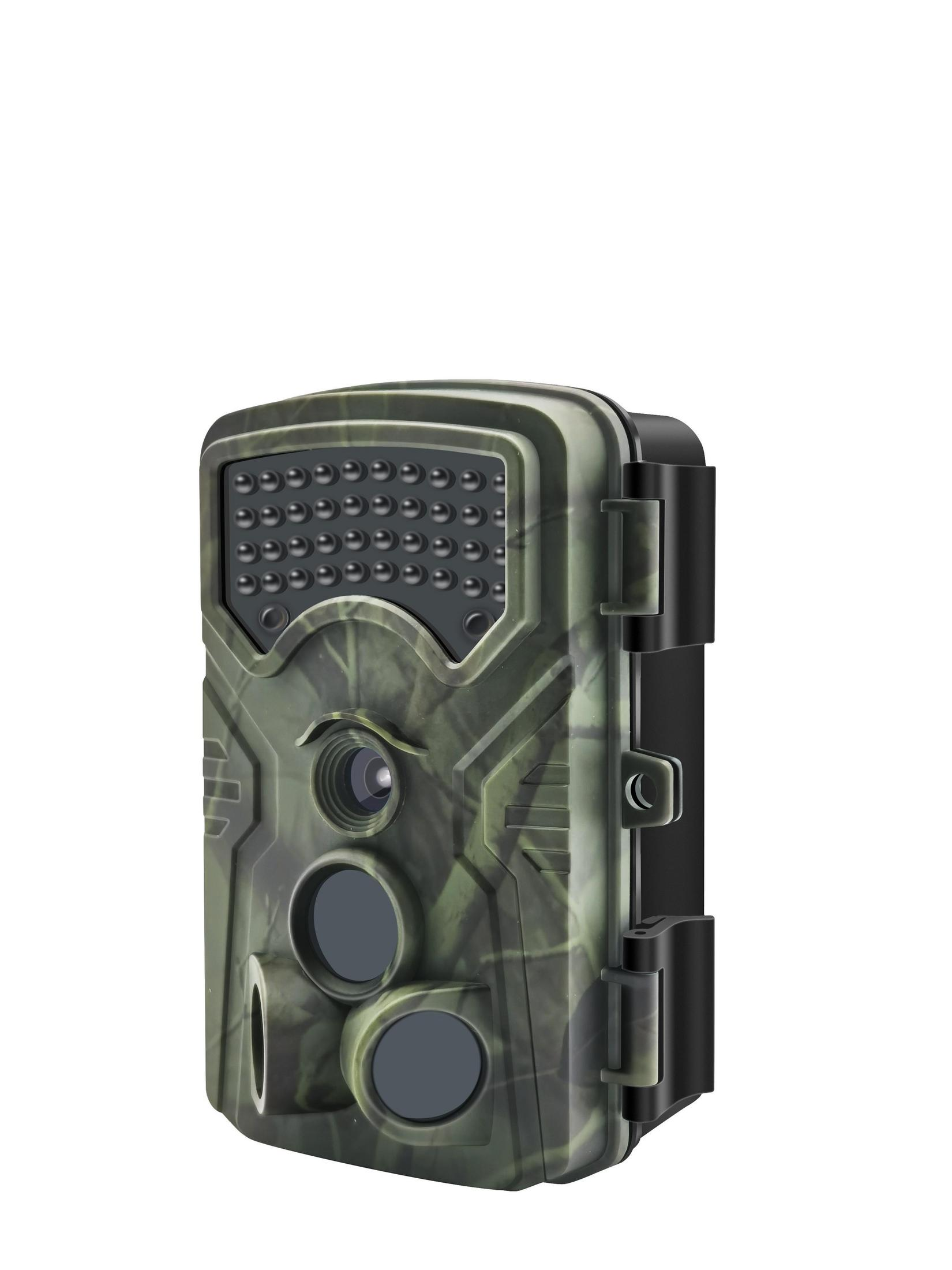 Camouflage-Kamera mit schwarzer Front, Objektiv und mehreren Knöpfen. Sie hat ein quadratisches Design und einen schwarzen Gurt.