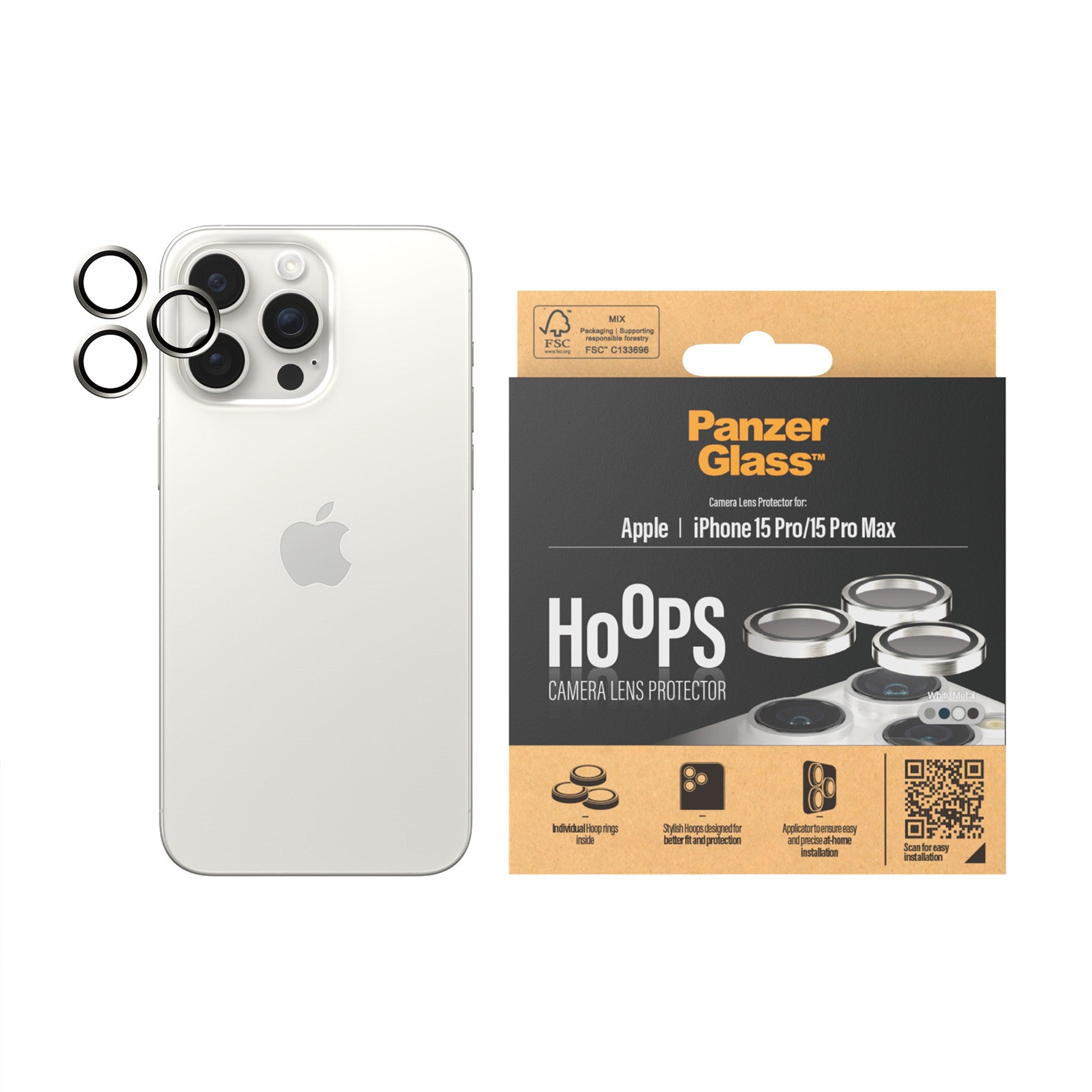 PANZERGLASS Hoops™ Kameraschutz | Weißes | Apple Pro Metall 15 Max) Pro 15 iPhone Kameraschutz(für