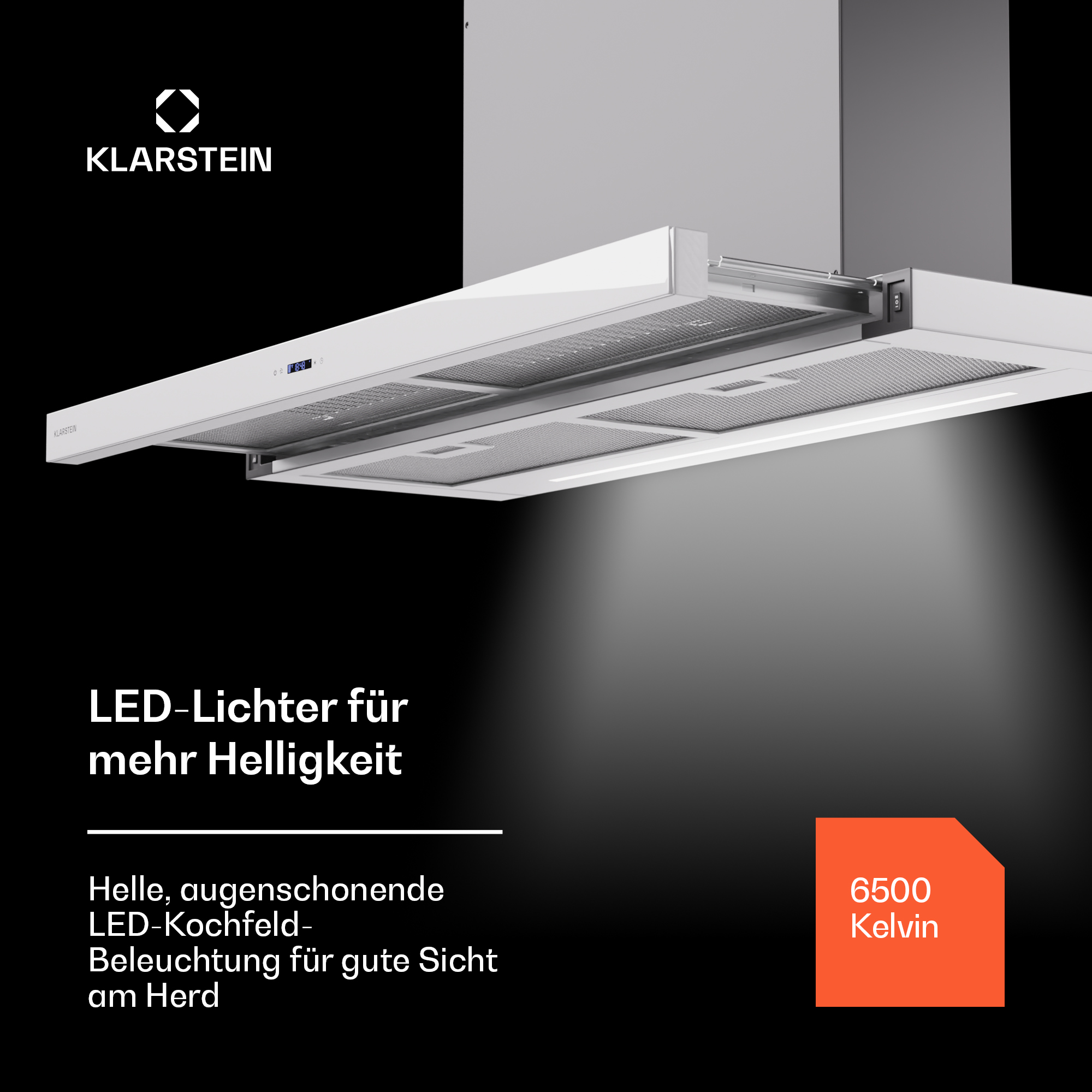 Weiße Küchenhaube mit Lichtern und Text über Helligkeit.