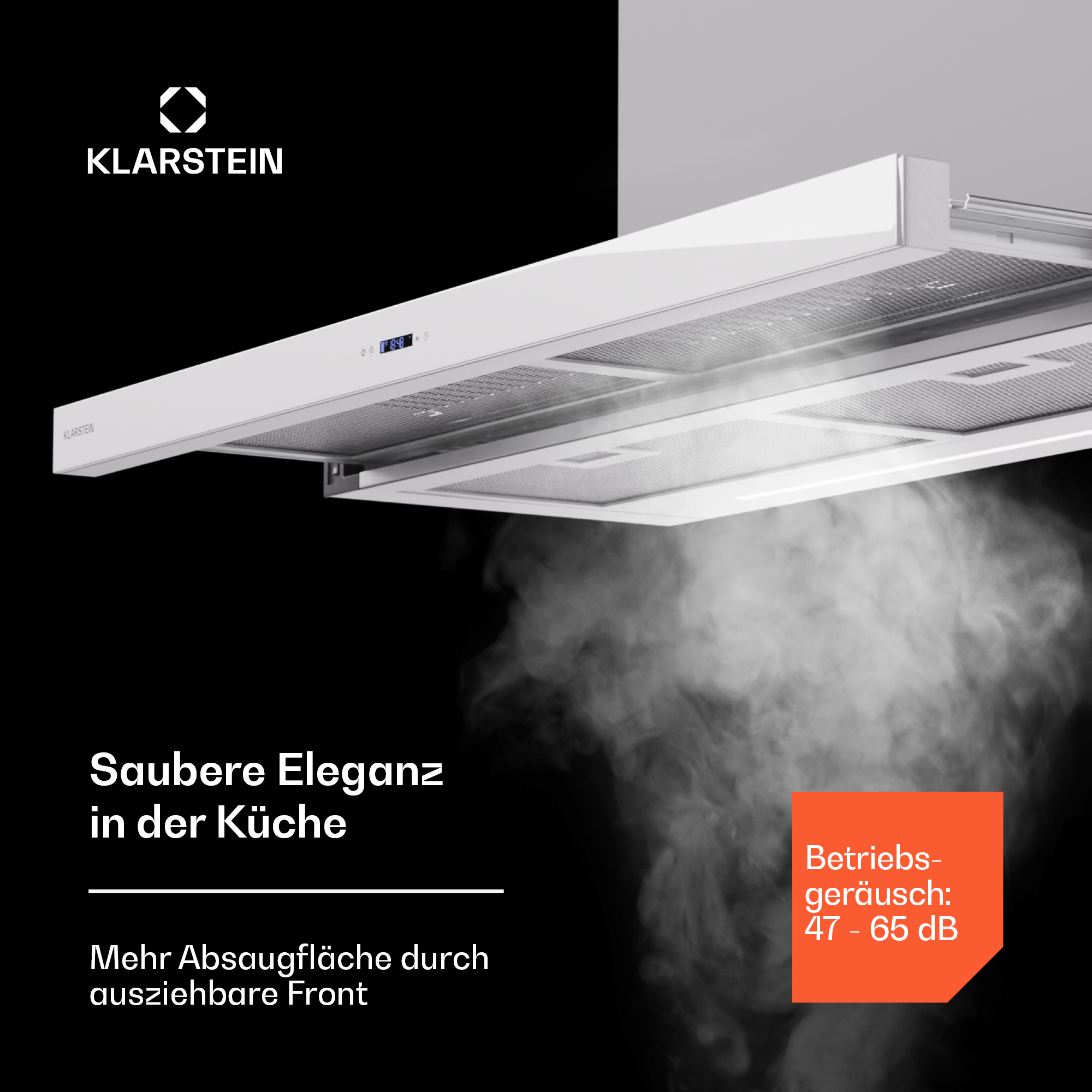 Weiße Küchenhaube mit Dampf, schwarzer Hintergrund. Orangefarbene Box zeigt Geräuschpegel 47-65 dB.