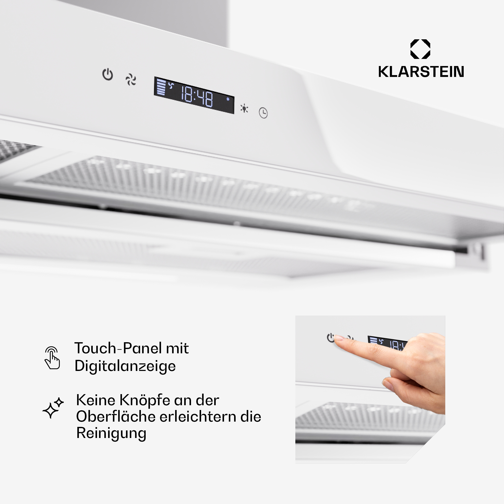 Weiße Dunstabzugshaube mit Digitalanzeige und Touch-Panel-Bedienung.