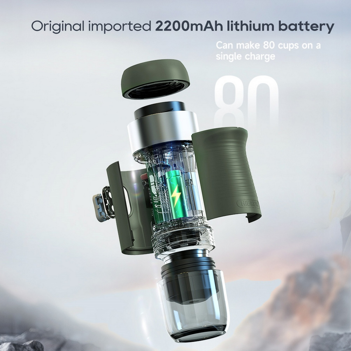 Przekrój zielonego urządzenia, pokazujący elementy wewnętrzne i baterię.