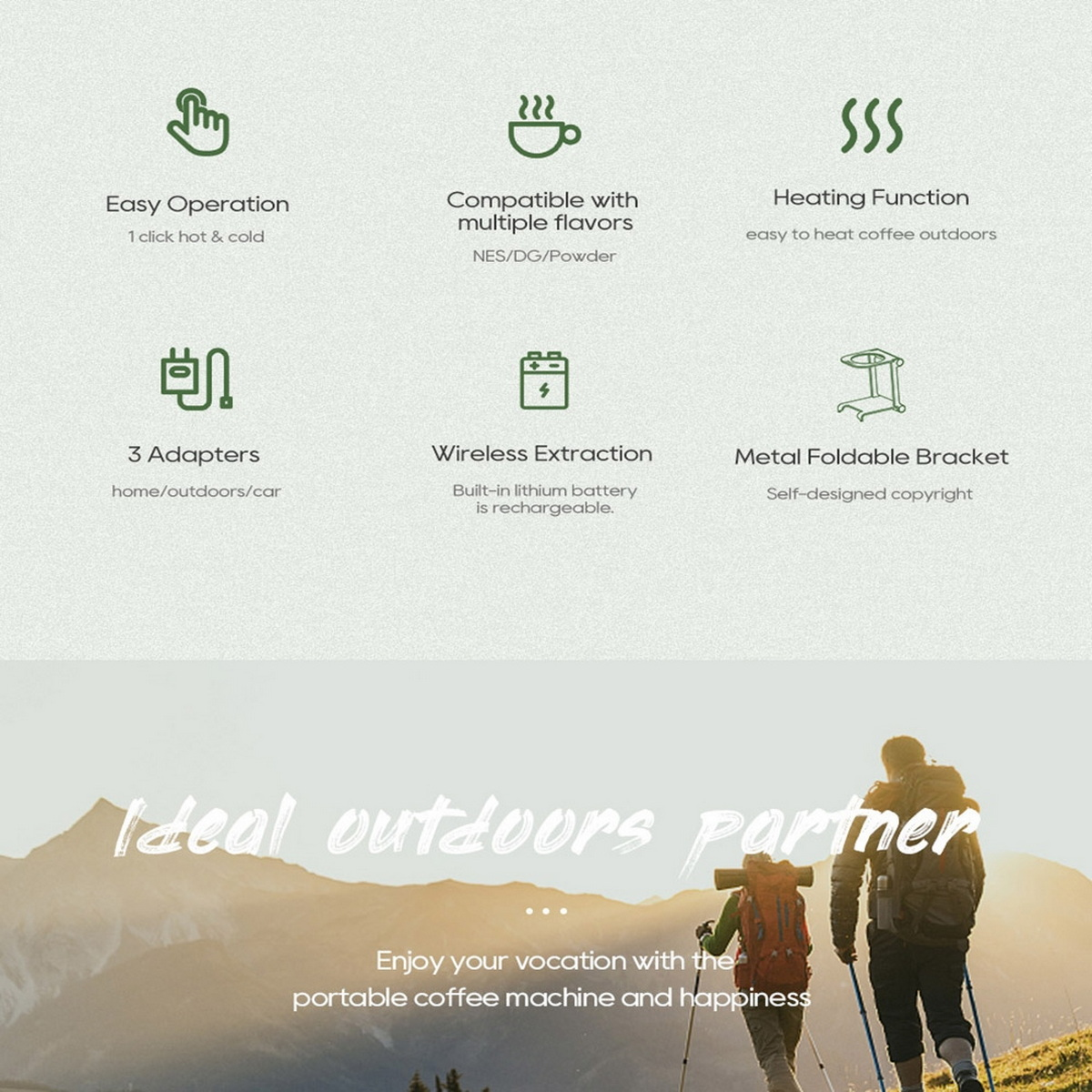 Schemat przenośnego ekspresu do kawy z ikonami i dwiema osobami wędrującymi w tle.