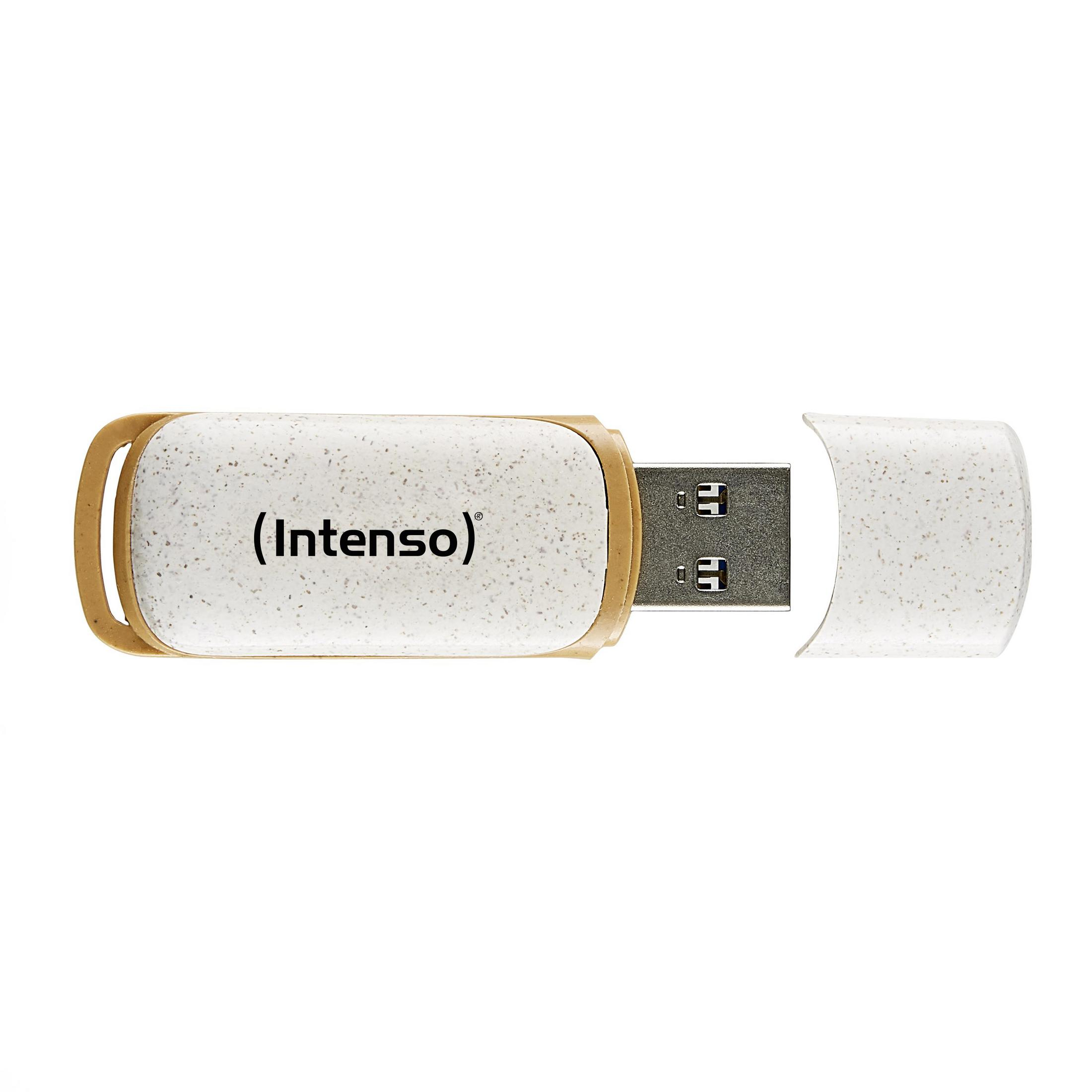 Creme- und goldfarbener USB-Stick mit dem Wort 'Intenso'. Die Kappe ist getrennt.