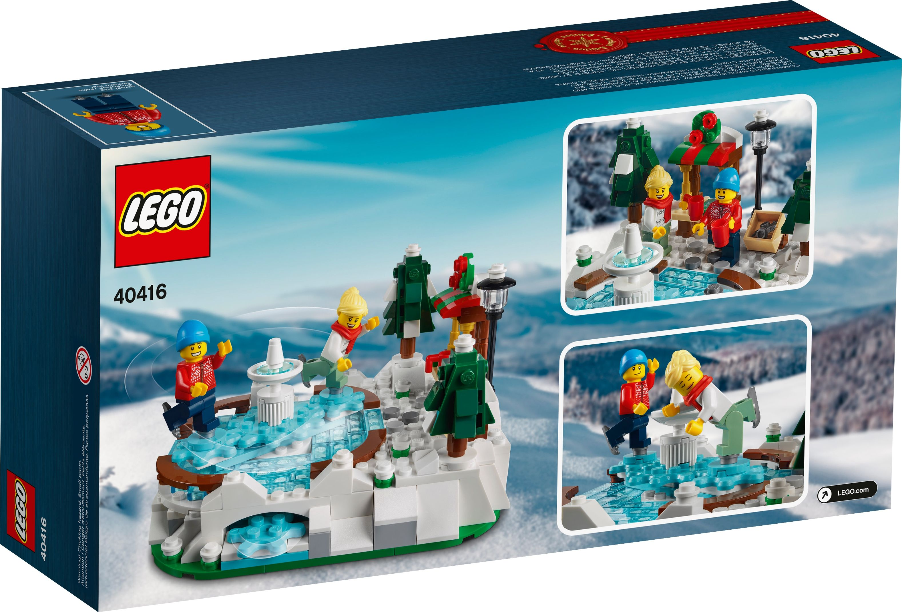 Rückseite der Lego-Box. Winterszene mit Eisbahn, Bäumen und Lego-Figuren. Schnee und blauer Himmel sichtbar.