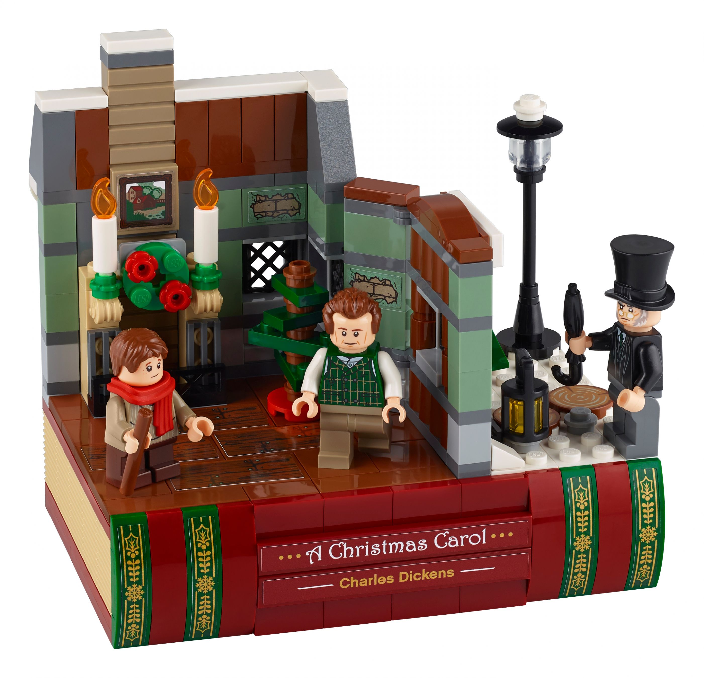 Un diorama Lego di una scena di A Christmas Carol, con personaggi e un set di costruzione.
