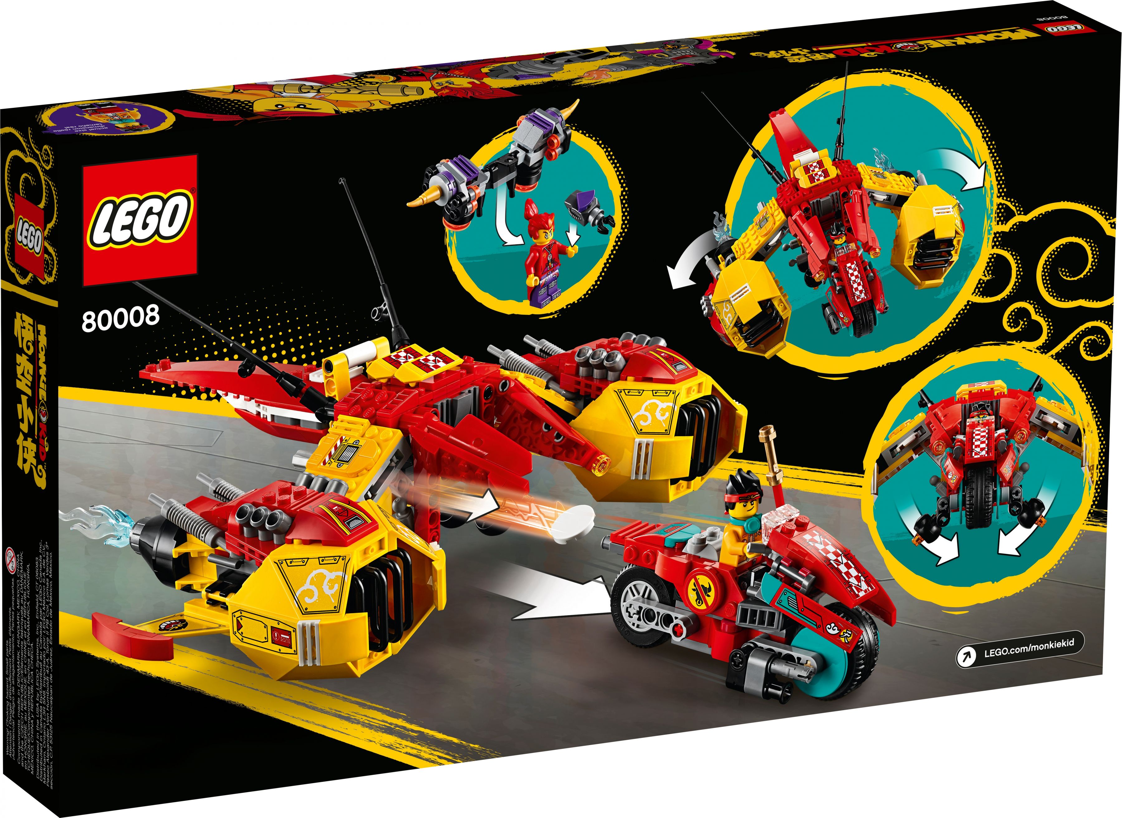 Il retro di una scatola Lego con immagini di un veicolo rosso e giallo e una moto rossa.