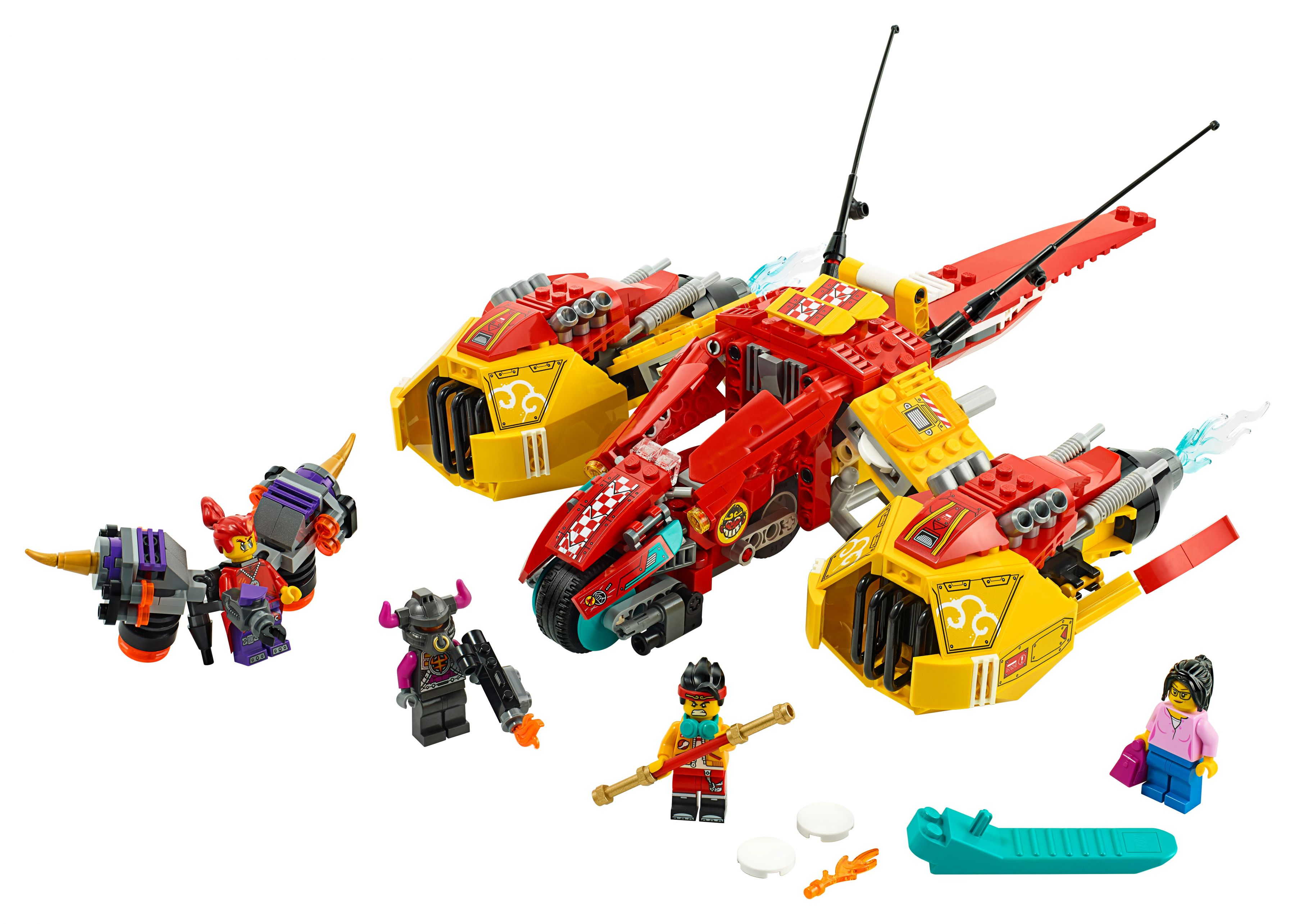 Set Lego: astronave rossa e gialla con personaggi.