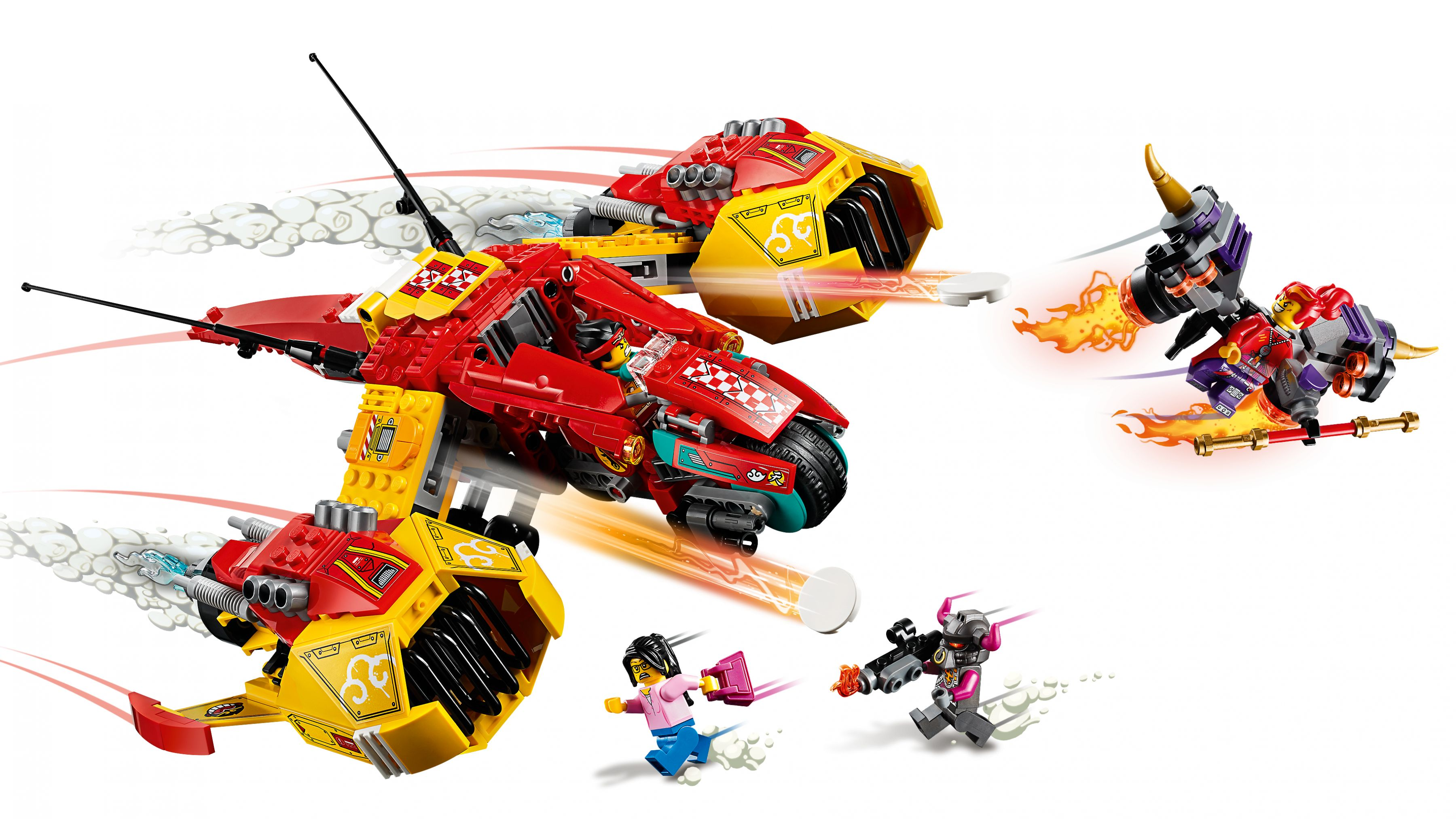 Un set Lego con due veicoli e tre personaggi in una scena d'azione.