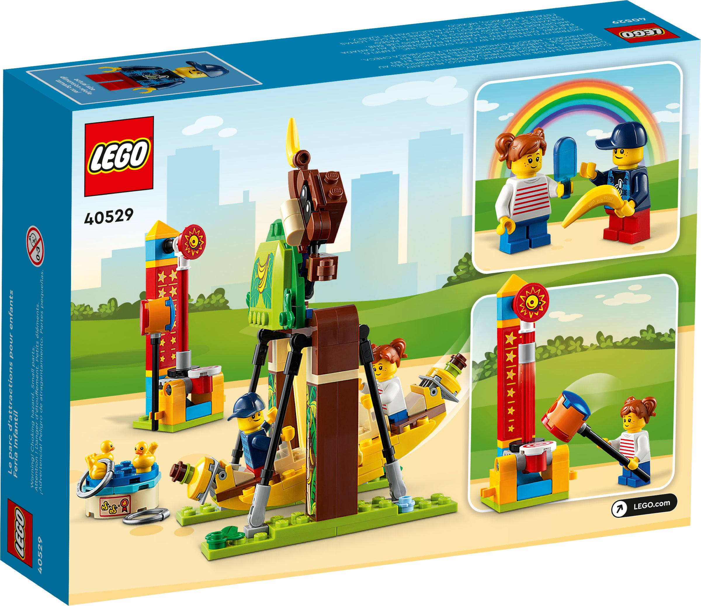 Rückseite einer Lego-Box, die eine Jahrmarktszene mit Menschen und Fahrgeschäften zeigt.