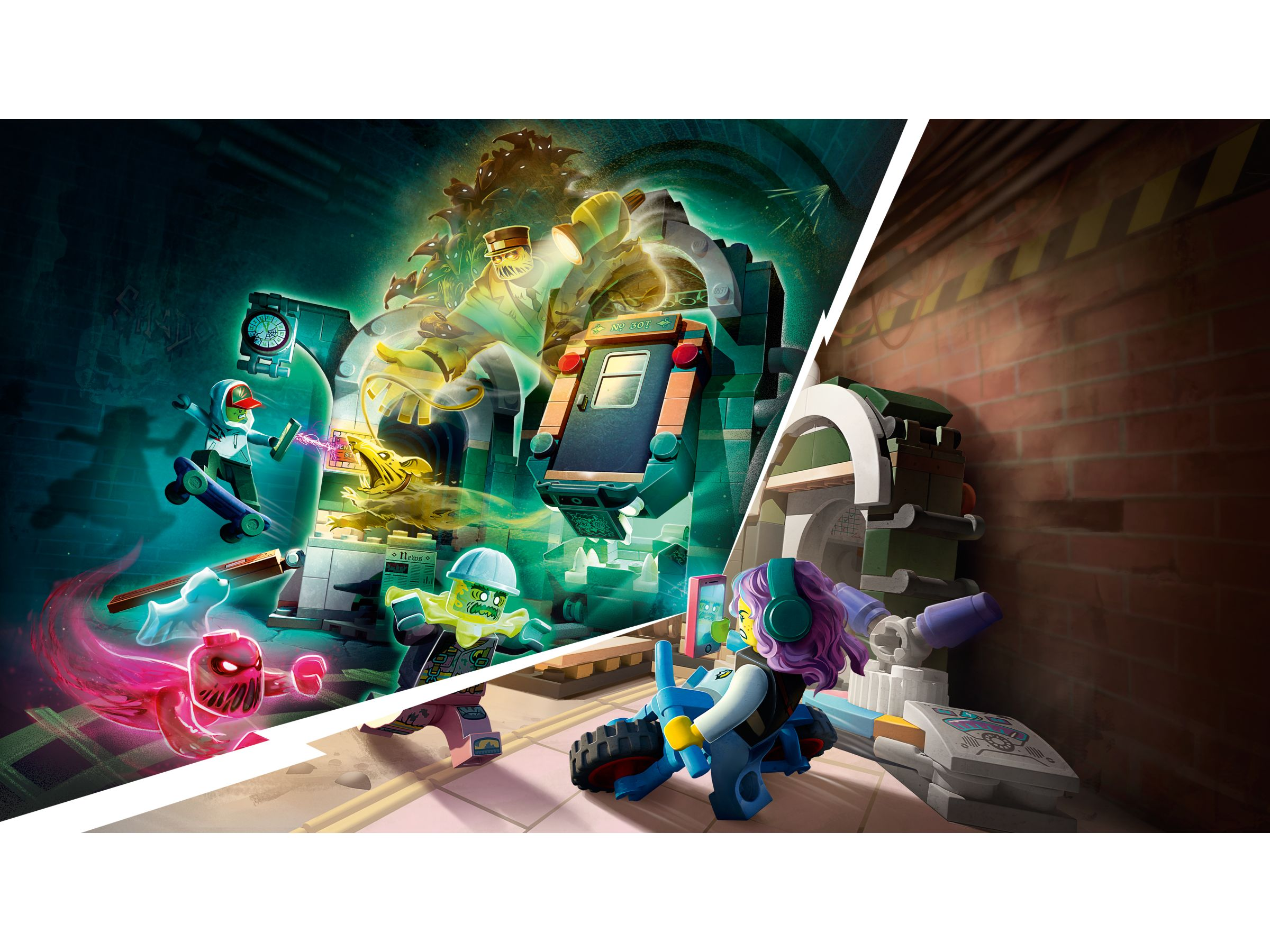 Scena z zestawu Lego z duchami, postaciami i motocyklem. Połowa budynku i ulica.