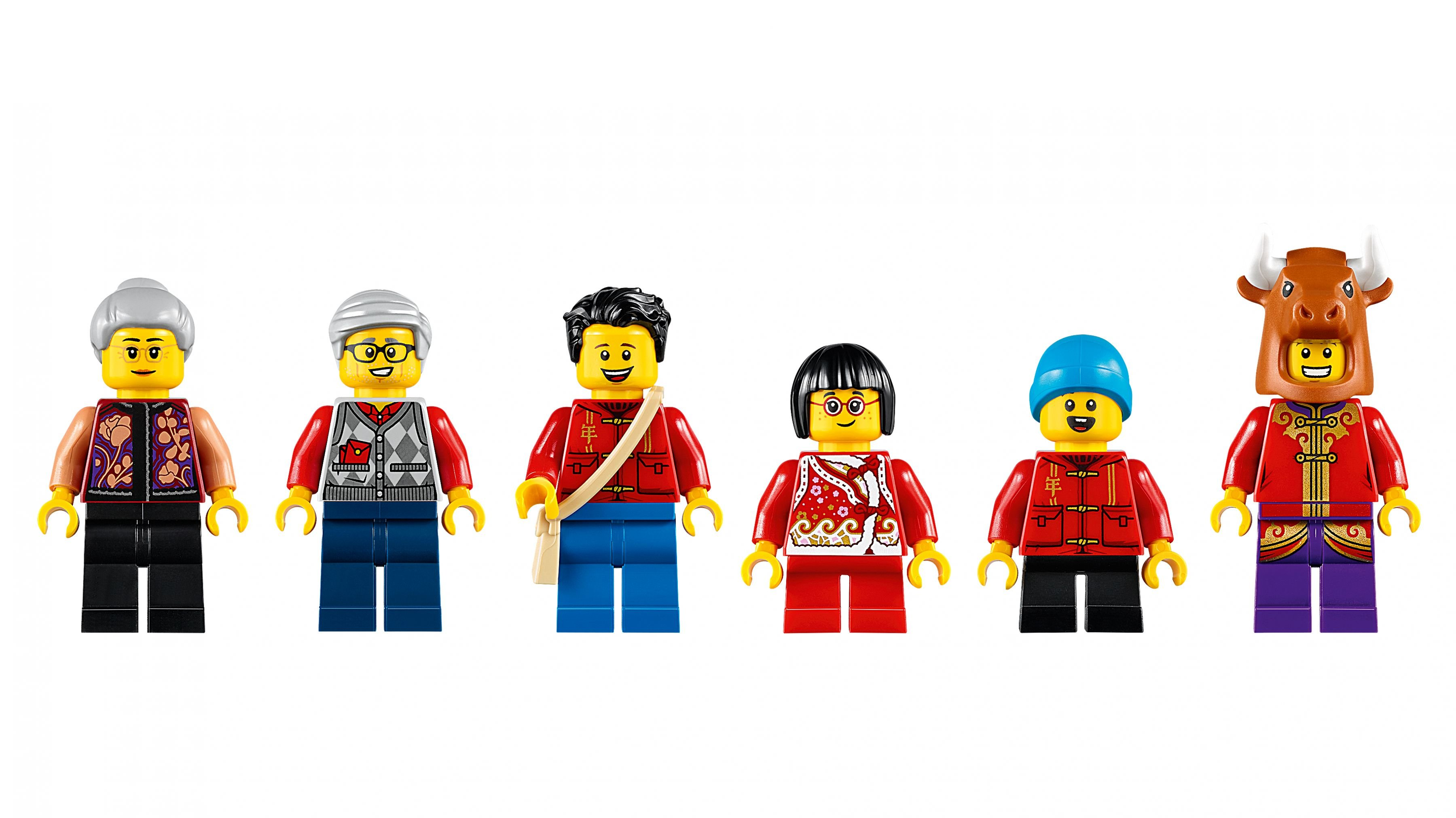 LEGO minifigürleri: yaşlı kadınlar, gözlüklü adam, çantalı adam, kız, erkek ve boğa kostümlü bir kişi.