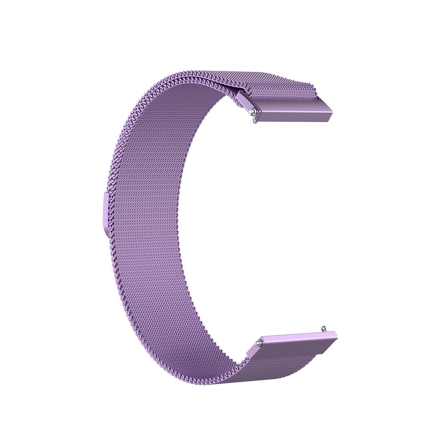 Ein lavendelfarbenes Uhrenarmband aus Mesh, in C-Form, auf weißem Hintergrund.