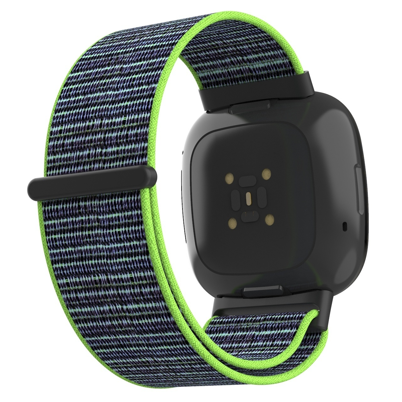Schwarze Smartwatch mit grün-schwarzem Stoffband. Die Rückseite der Uhr ist sichtbar. Das Armband ist umwickelt.