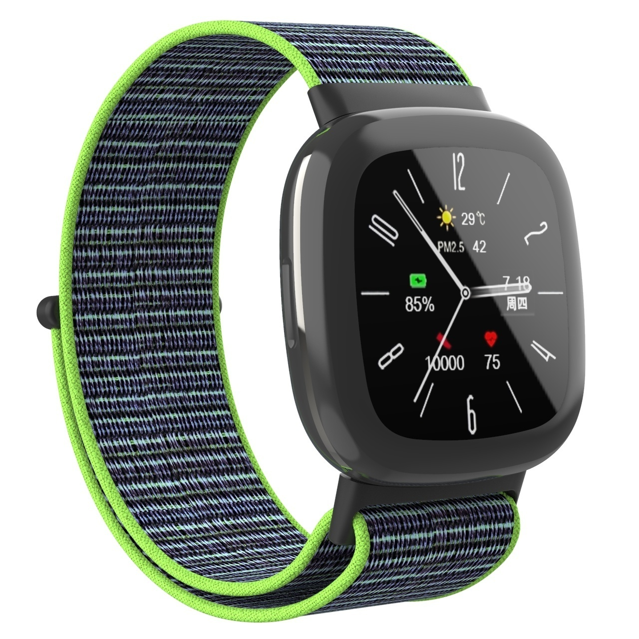 Eine schwarze Smartwatch mit grün-schwarzem Armband, die Zeit und Daten anzeigt.
