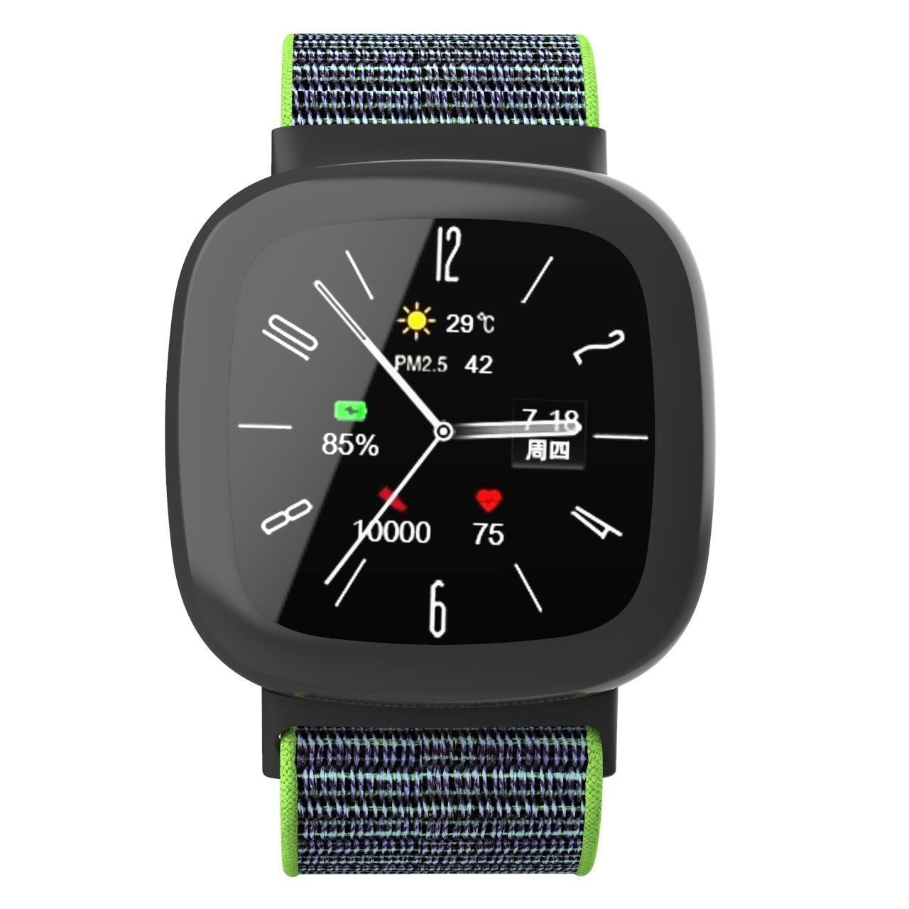Eine schwarze Smartwatch mit grün-schwarzem Armband, die Zeit- und Wetterinformationen anzeigt.