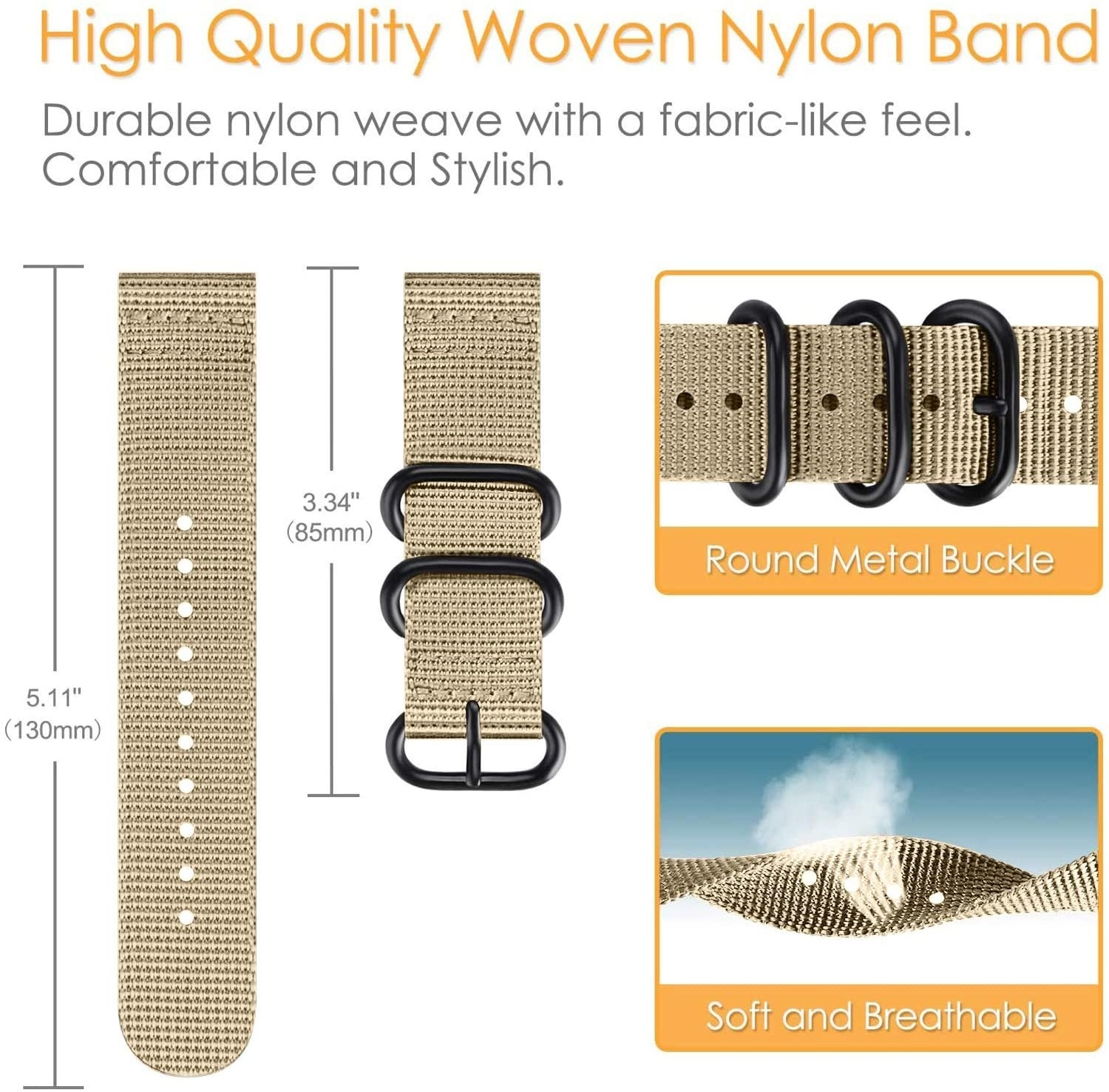 Beiges Nylon-Uhrenarmband mit schwarzen Schnallen und Details auf weißem Grund.
