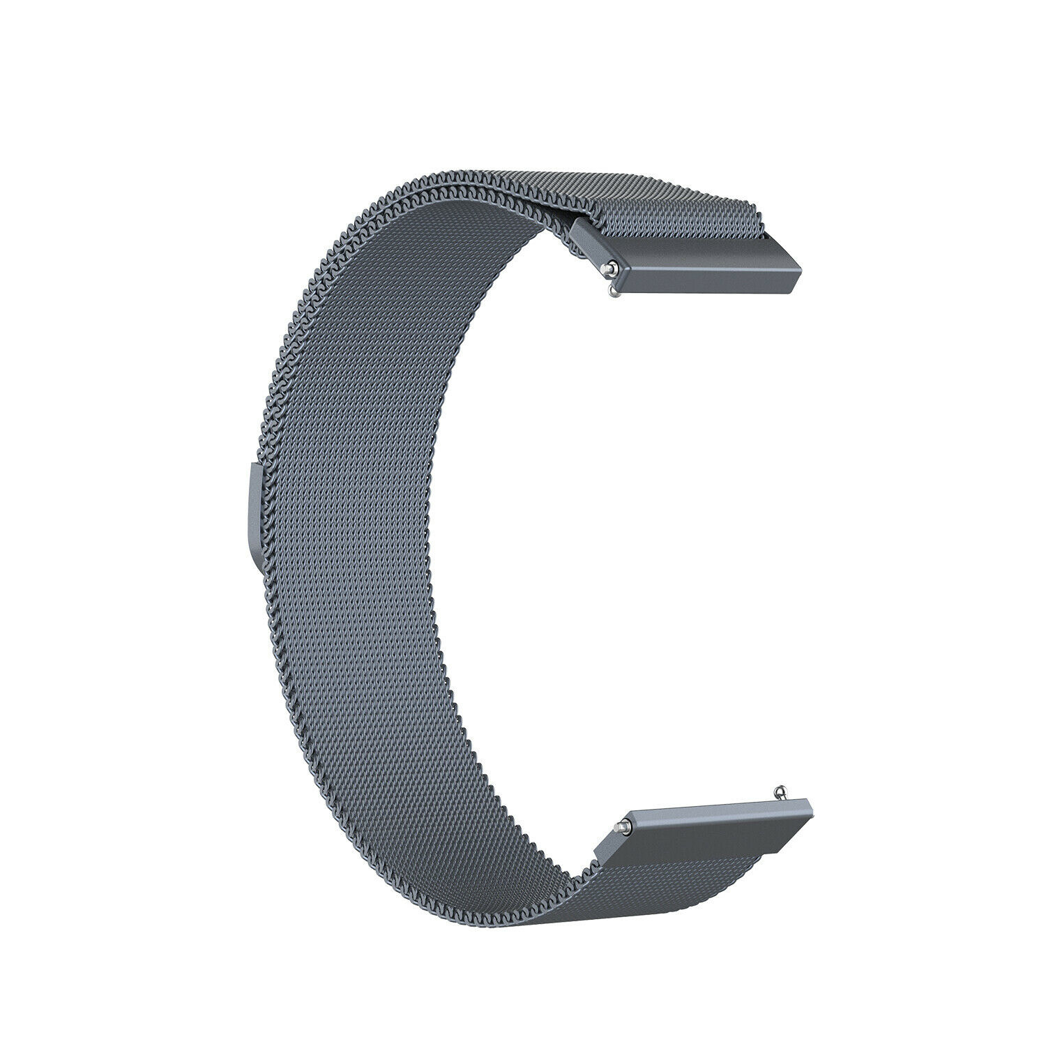 Silbernes metallisches Armband in C-Form. Es besteht aus einem Mesh-Material und hat an jedem Ende einen Verschluss.